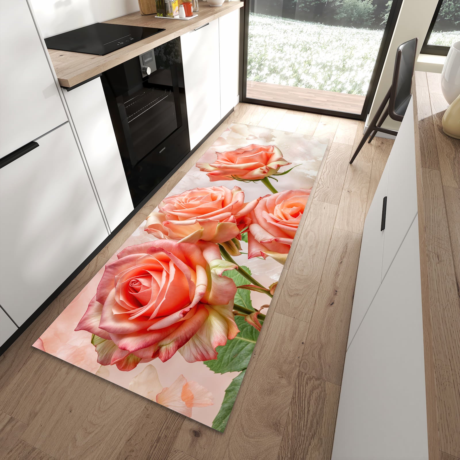 Pflegeleichter Küchenteppich mit Motiv Rosen Bouquet in moderner Küche