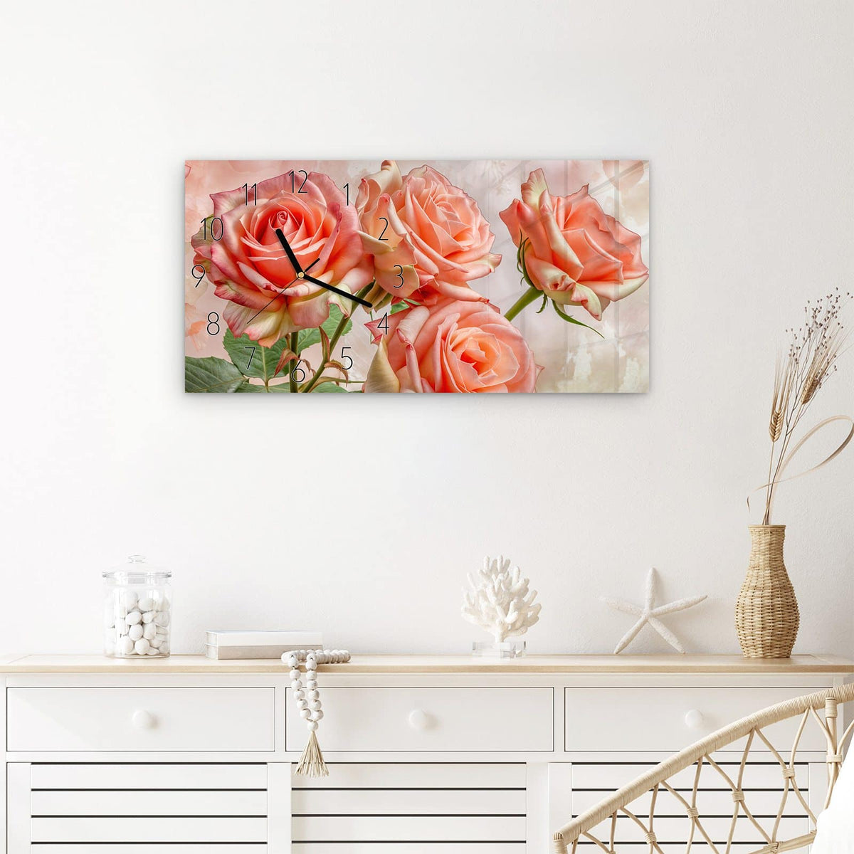 Wanduhr Rosen Bouquet aus Glas – Querformat 60 × 30 cm – Vier Rosenblüten in zartem Rosa
