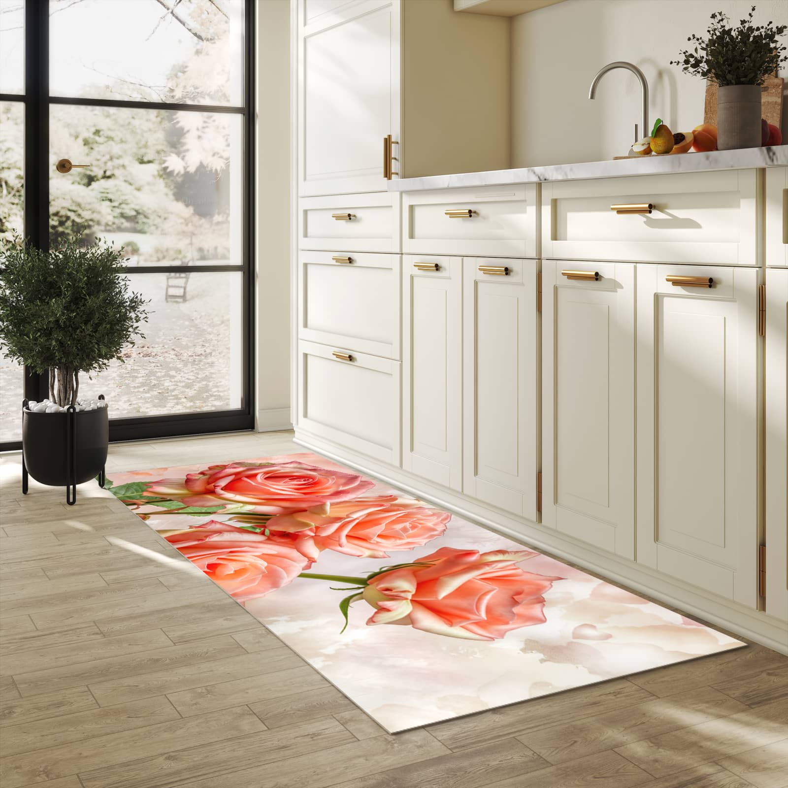 Farbbeständiger Küchenteppich mit Motiv Rosen Bouquet in heller Küche