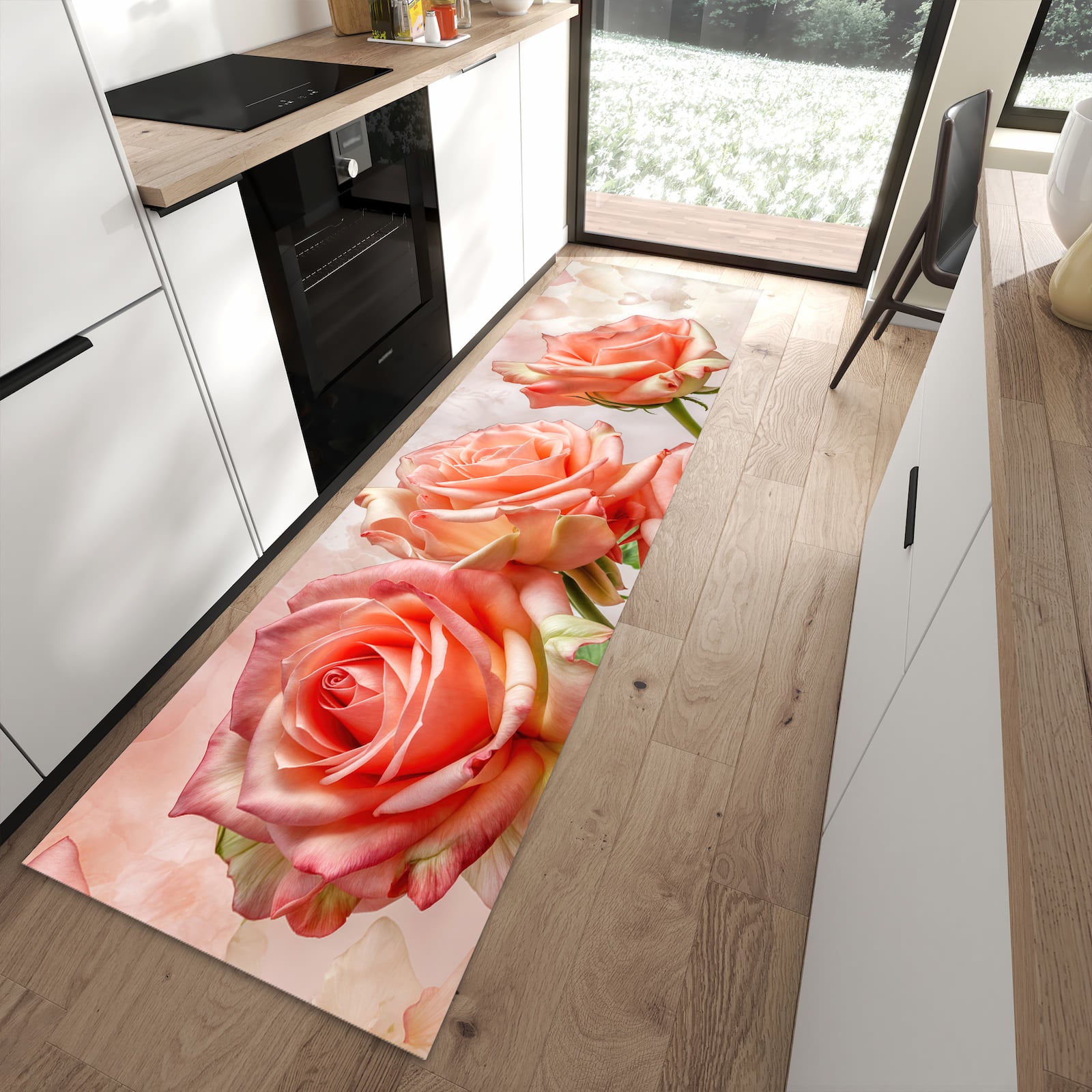Geruchsneutraler rutschfester Küchenteppich mit Motiv Rosen Bouquet in moderner Küche