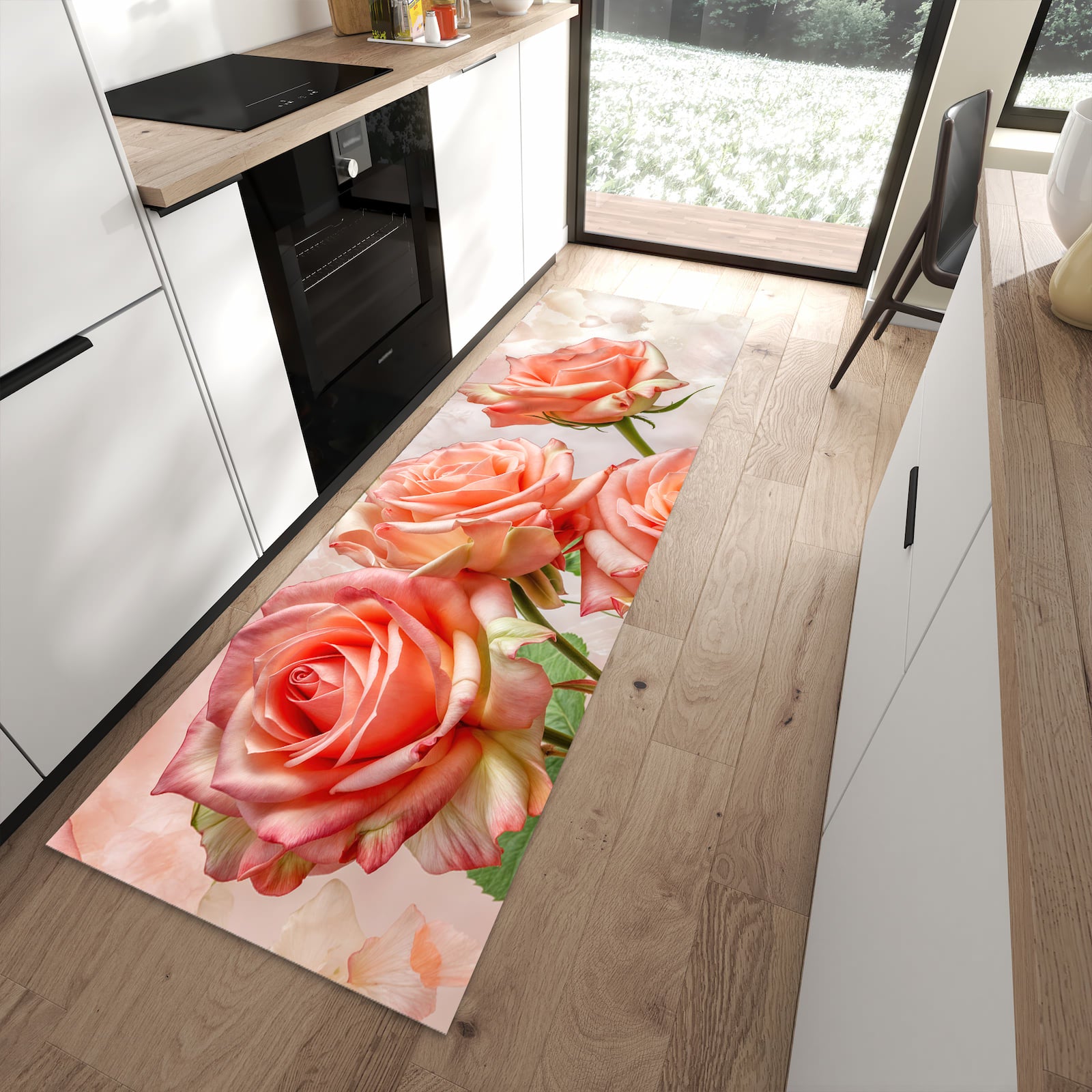 Schmutzabweisender Teppich für Esstisch mit Motiv Rosen Bouquet in moderner Küche