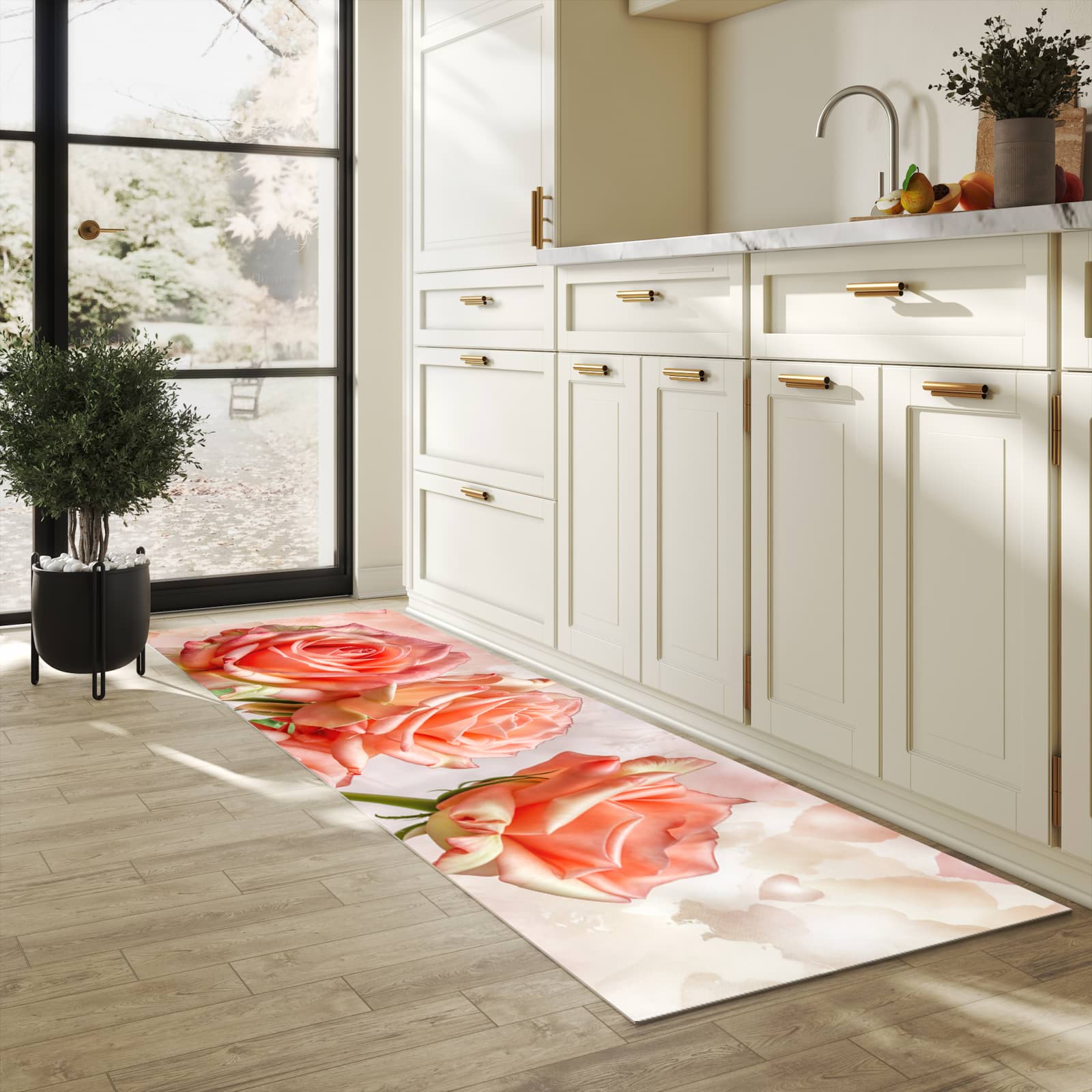 Bodenschonender Küchenteppich mit Motiv Rosen Bouquet in heller Küche