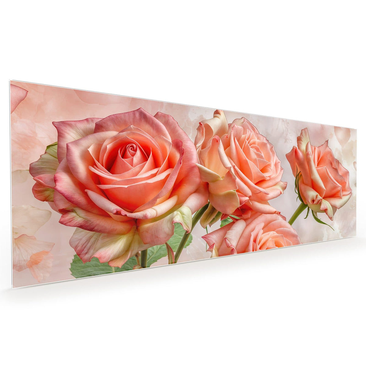 Küchenrückwand aus Glas im Hochformat: Drei geöffnete Rosen in Korallen-/Lachsrosa mit grünen Blättern vor zartrosa Grund
