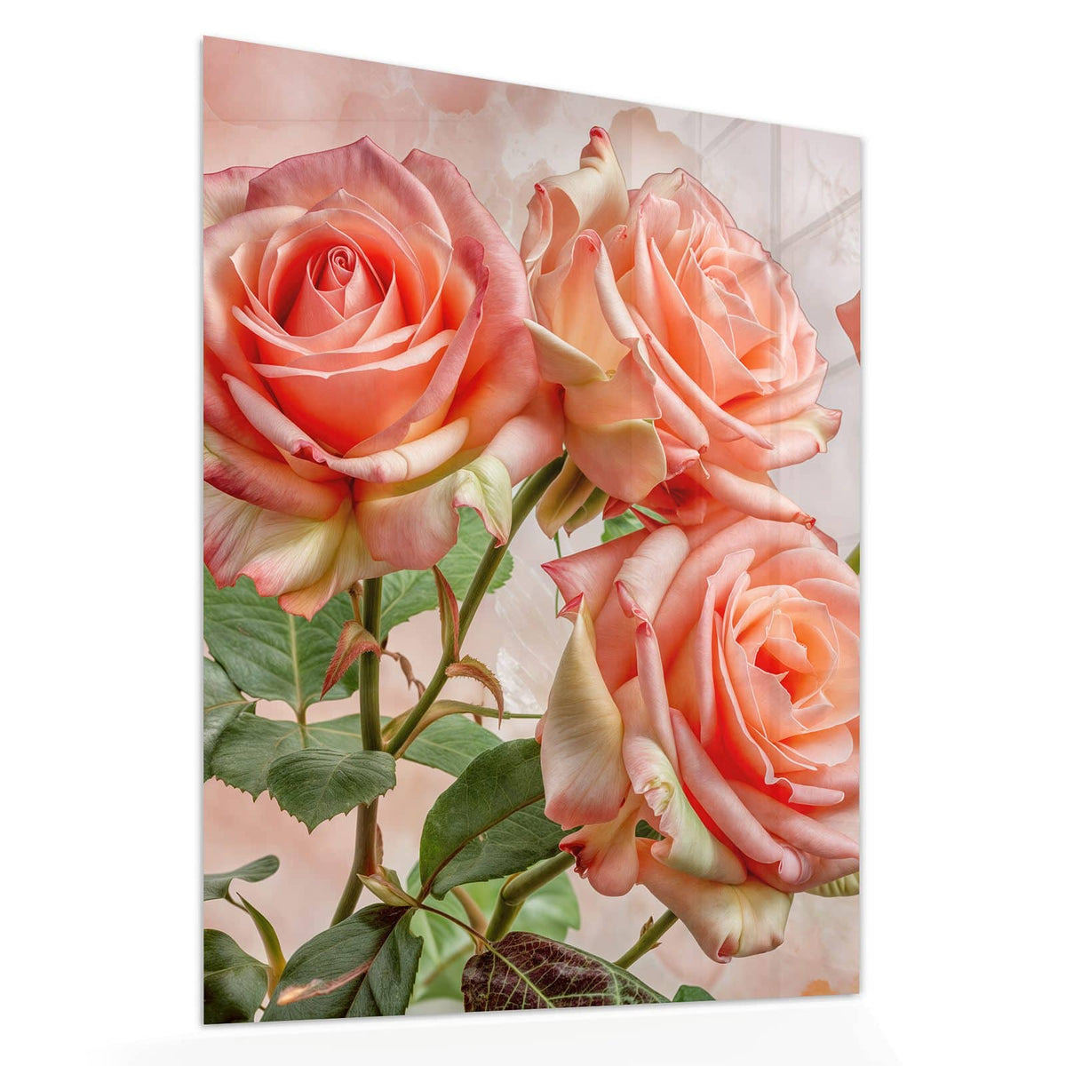 Echtglas, 4 mm – kein Acryl, keine Folie – Wandbild - Korallenrote Rosen - Hochformat