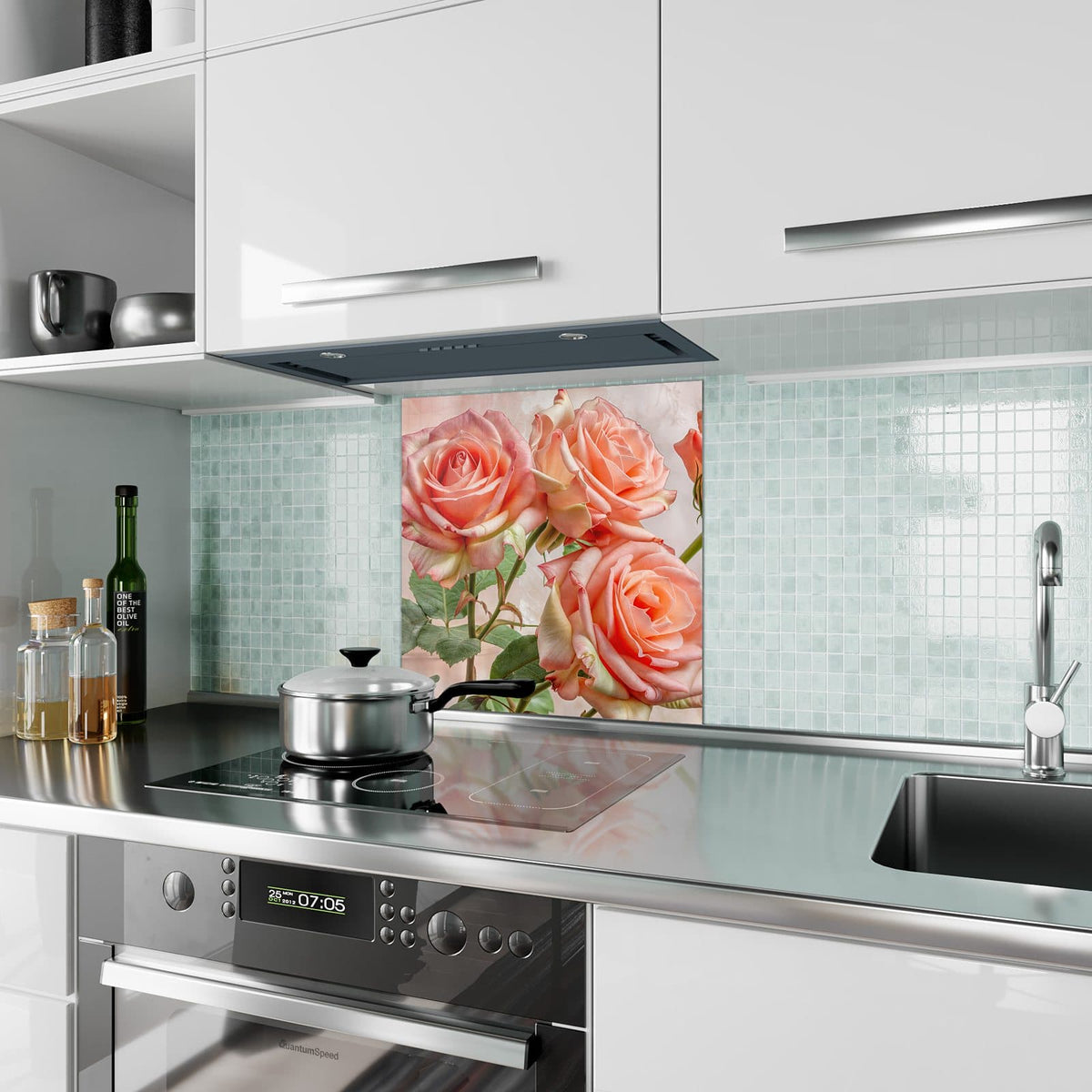 Küchenrückwand aus Glas Korallenrote Rosen im quadratischen Format als Spritzschutz hinter dem Kochfeld, über dem Fliesenspiegel montiert