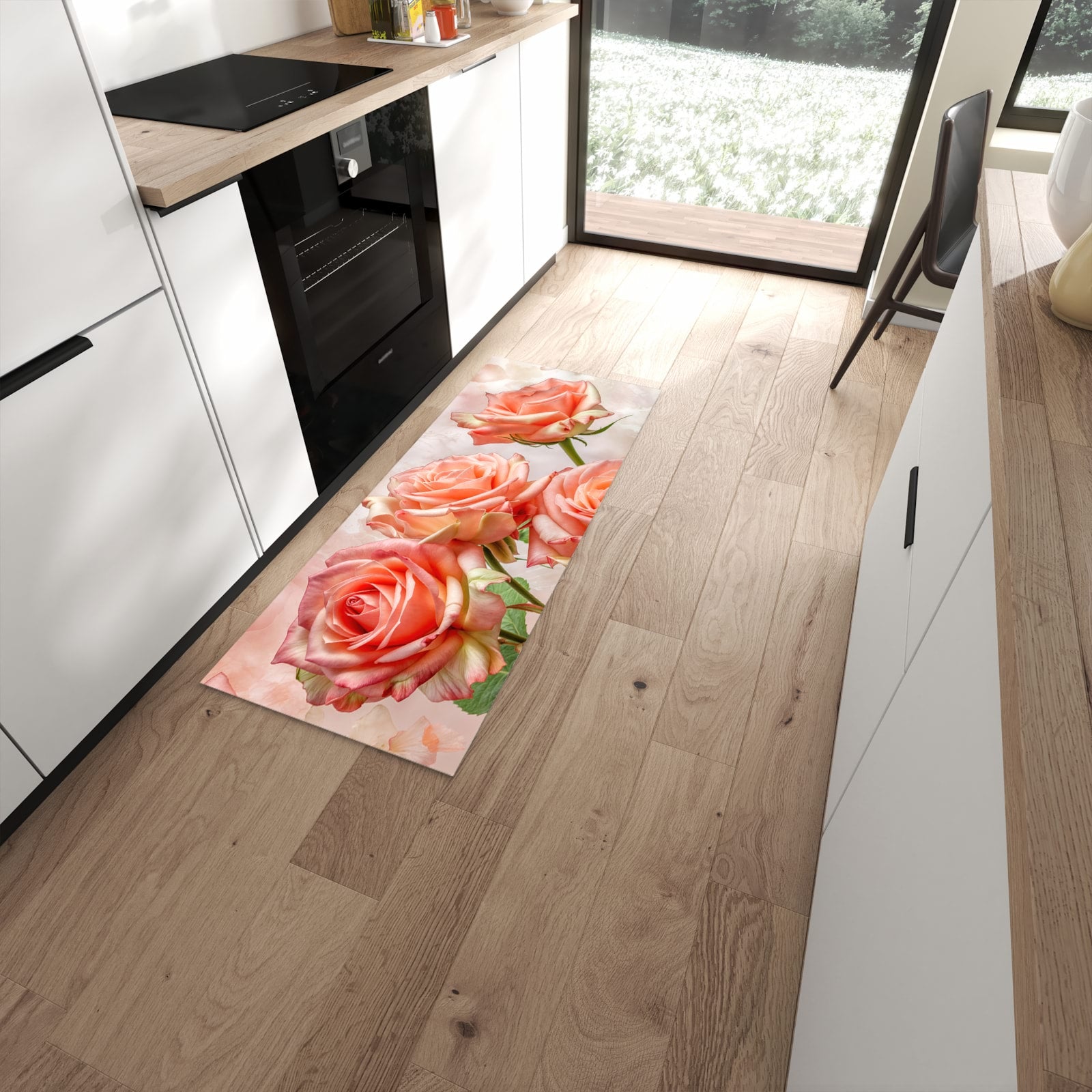 Zeitsparender langer Teppich mit Motiv Rosen Bouquet in moderner Küche #grösse_60 x 150 cm