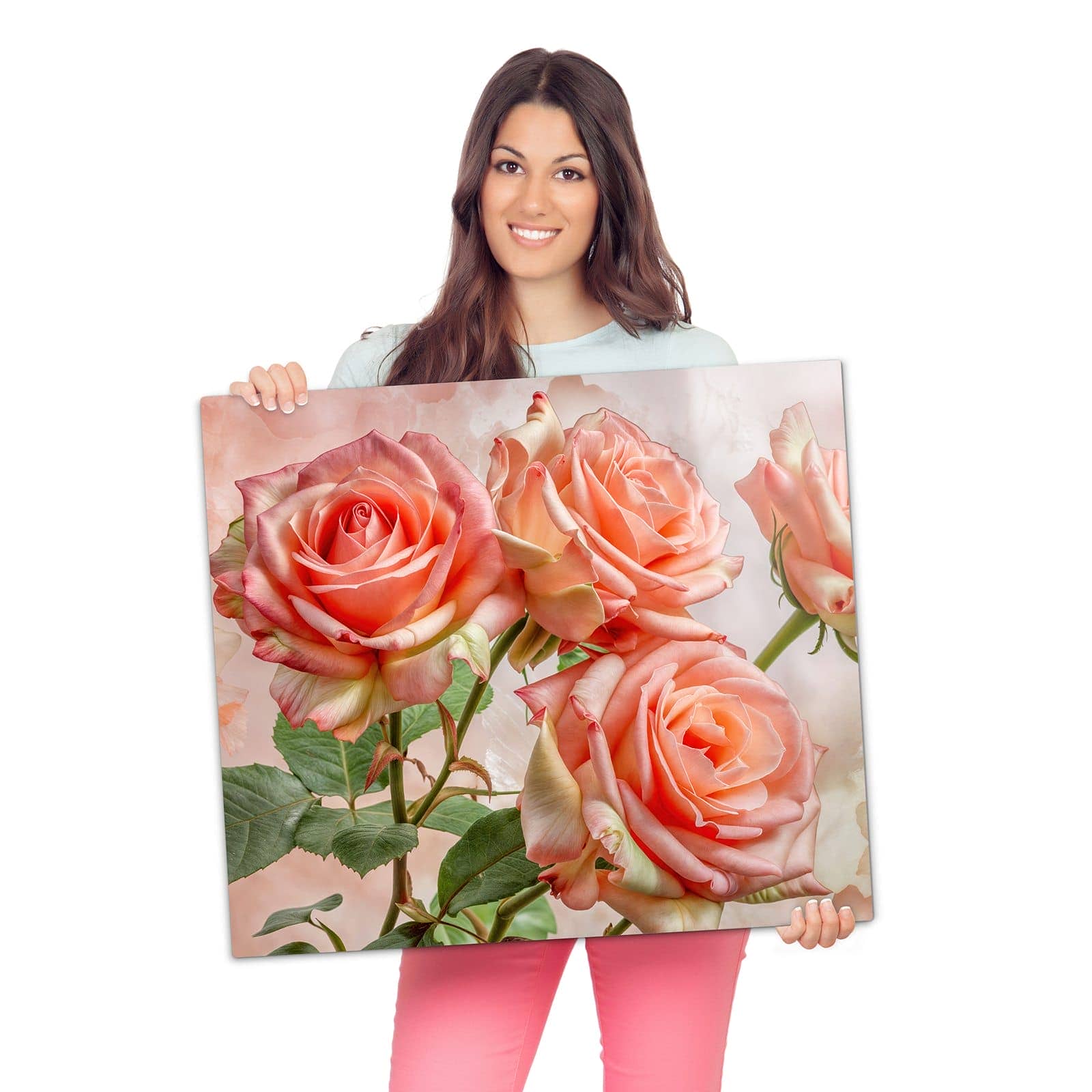 Herdabdeckplatten für Ceranfeld mit Rosen Bouquet-Motiv wird zur Größendarstellung gehalten