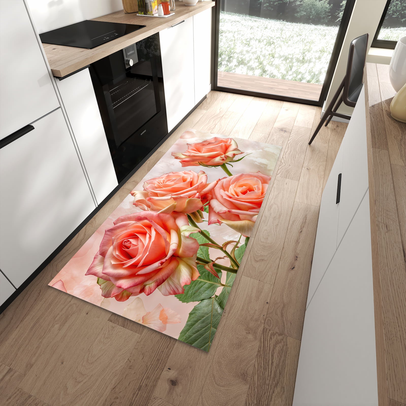 Flacher Bodenläufer mit Motiv Rosen Bouquet in moderner Küche