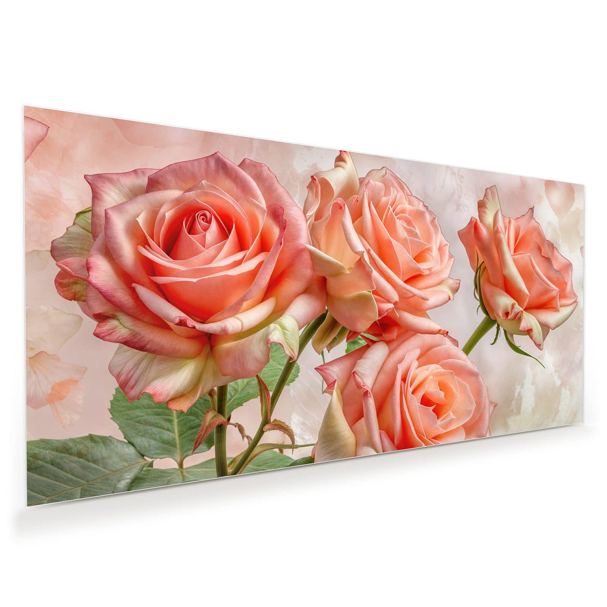Drei geöffnete Rosen in Korallen-/Lachsrosa mit grünen Blättern vor zartrosa Grund