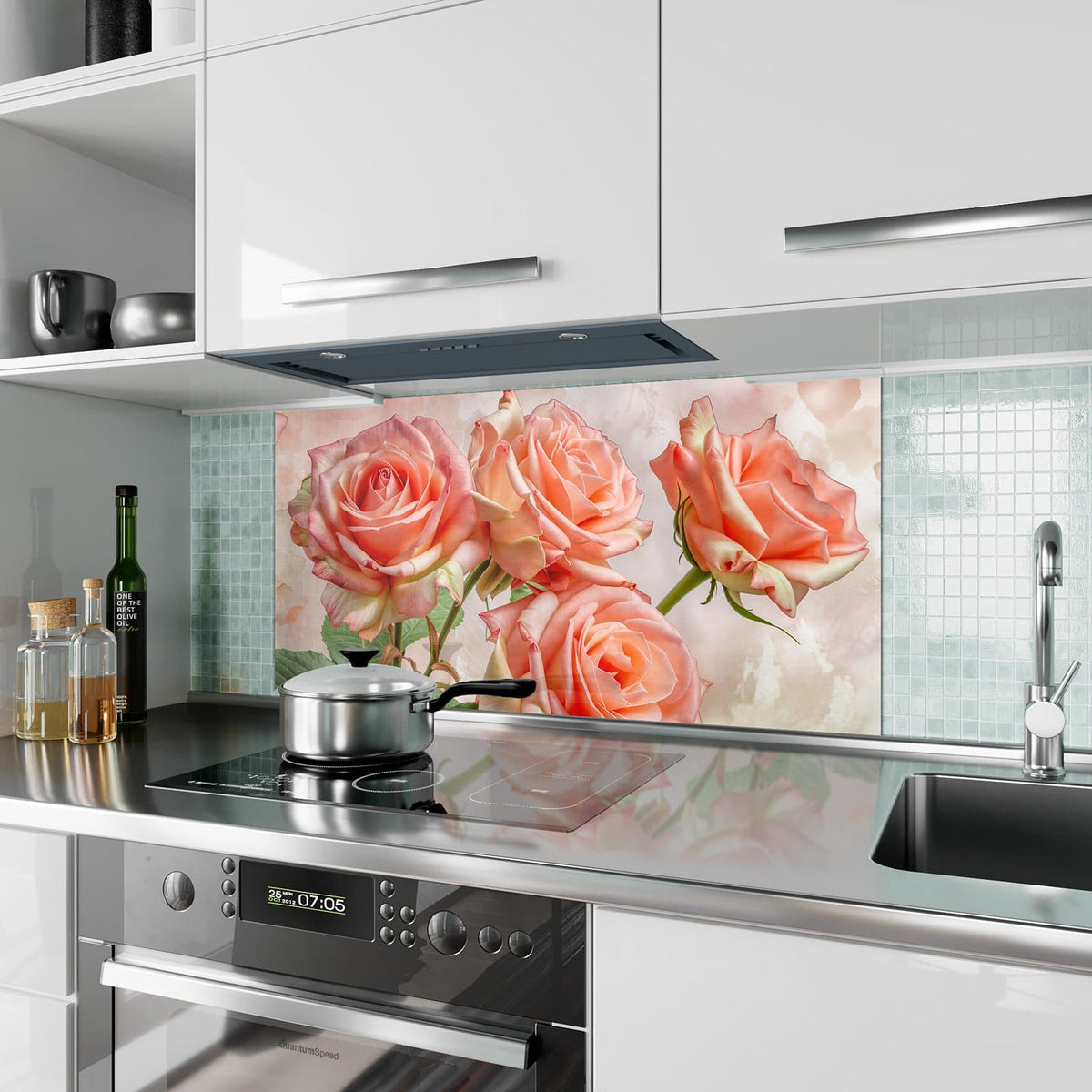Küchenrückwand aus Glas Korallenrote Rosen im Hochformat als Spritzschutz hinter dem Kochfeld, über dem Fliesenspiegel montiert