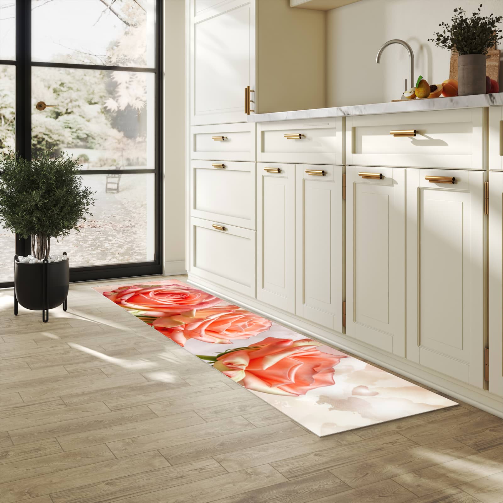 Strapazierfähiger Teppich für Esstisch mit Motiv Rosen Bouquet in heller Küche