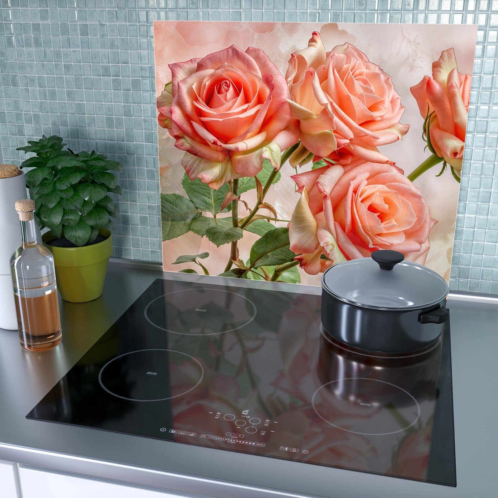 1-teilige Herdabdeckplatte mit Rosen Bouquet-Motiv als Spritzschutz hinter dem Kochfeld