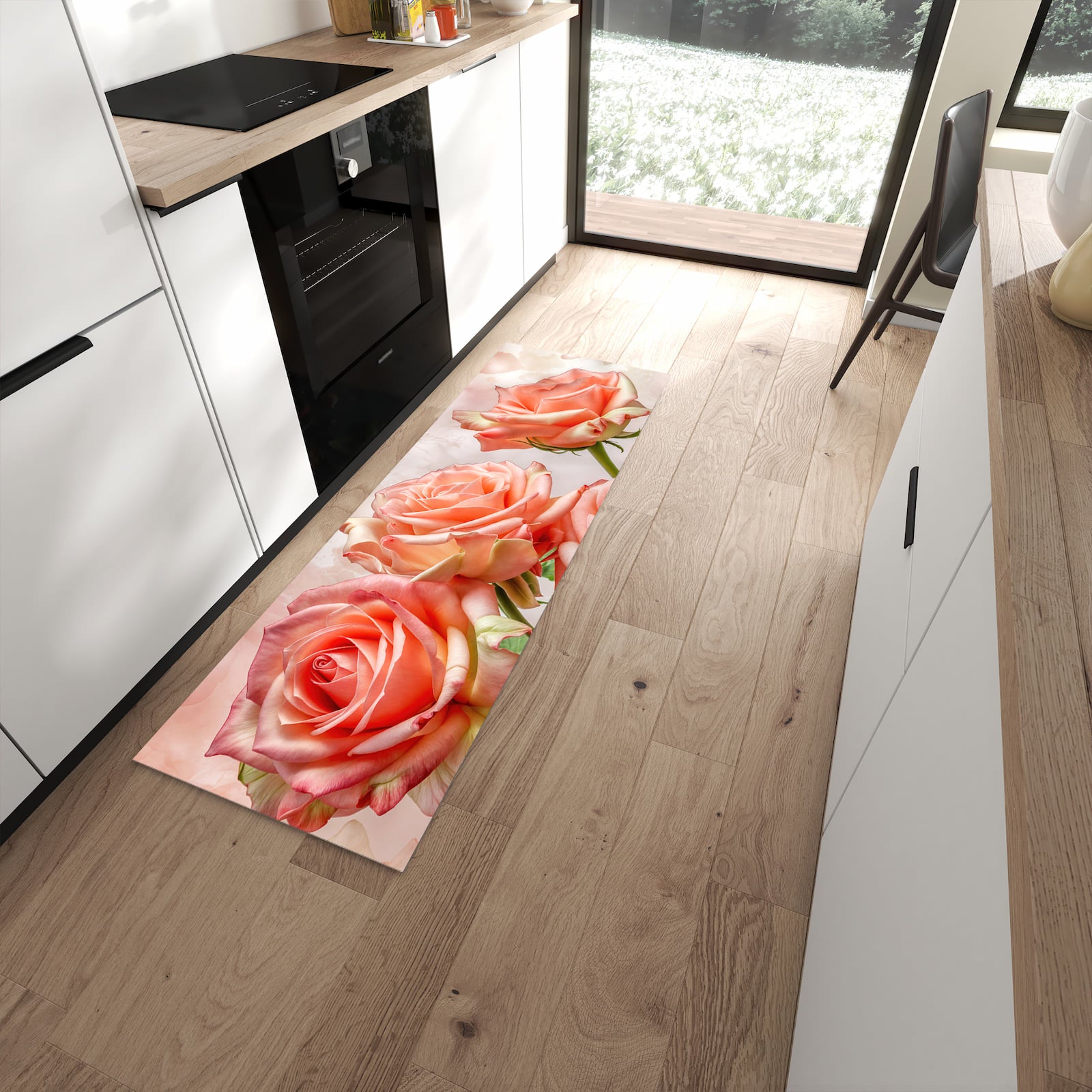 Geräuschdämpfender Läufer mit Motiv Rosen Bouquet für Eingangsbereich in moderner Küche