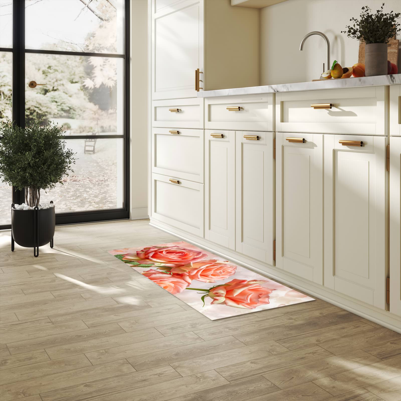 Rutschfester Küchenteppich mit Motiv Rosen Bouquet in heller Küche, einfach zu reinigen
