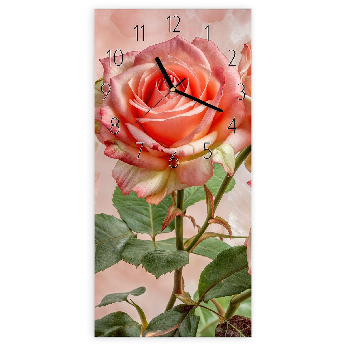 Wanduhr aus Glas, Ziffernblatt Elegant: Drei geöffnete Rosen in Korallen-/Lachsrosa mit grünen Blättern vor zartrosa Grund #ziffernblatt_Elegant