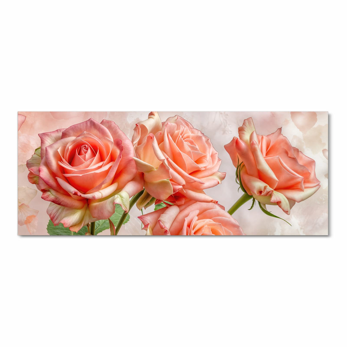 Drei geöffnete Rosen in Korallen-/Lachsrosa mit grünen Blättern vor zartrosa Grund
