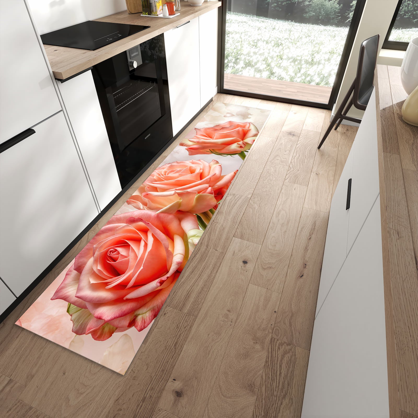 UV-beständiger dünner Teppich mit Motiv Rosen Bouquet in moderner Küche