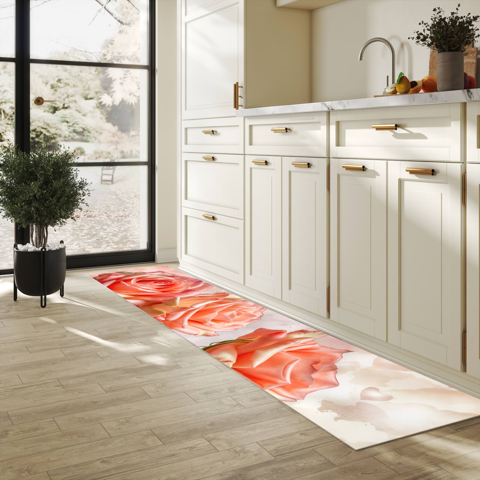 Waschbarer rutschfester Küchenteppich mit Motiv Rosen Bouquet in heller Küche