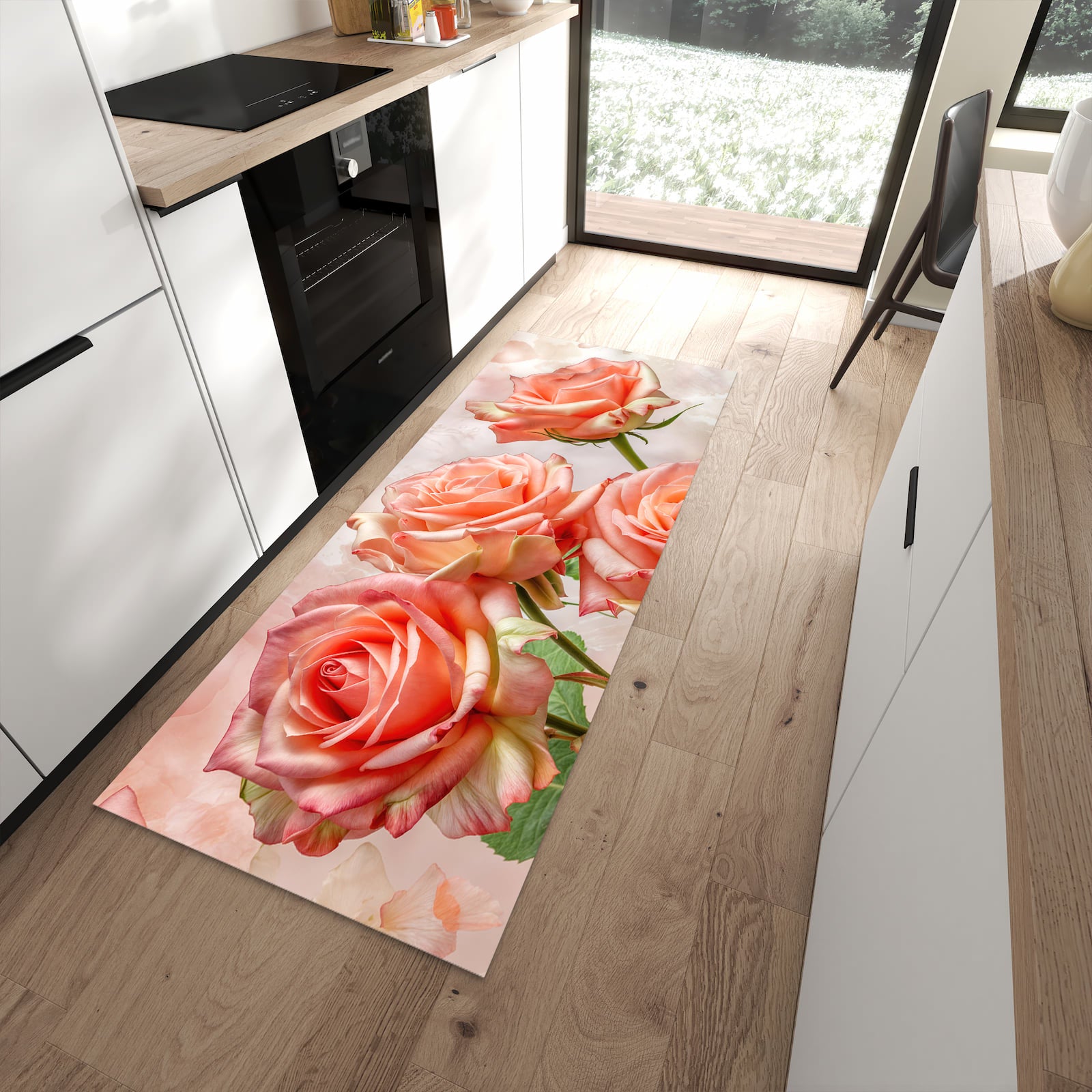 Fleckenresistenter waschbarer Teppich mit Motiv Rosen Bouquet in moderner Küche