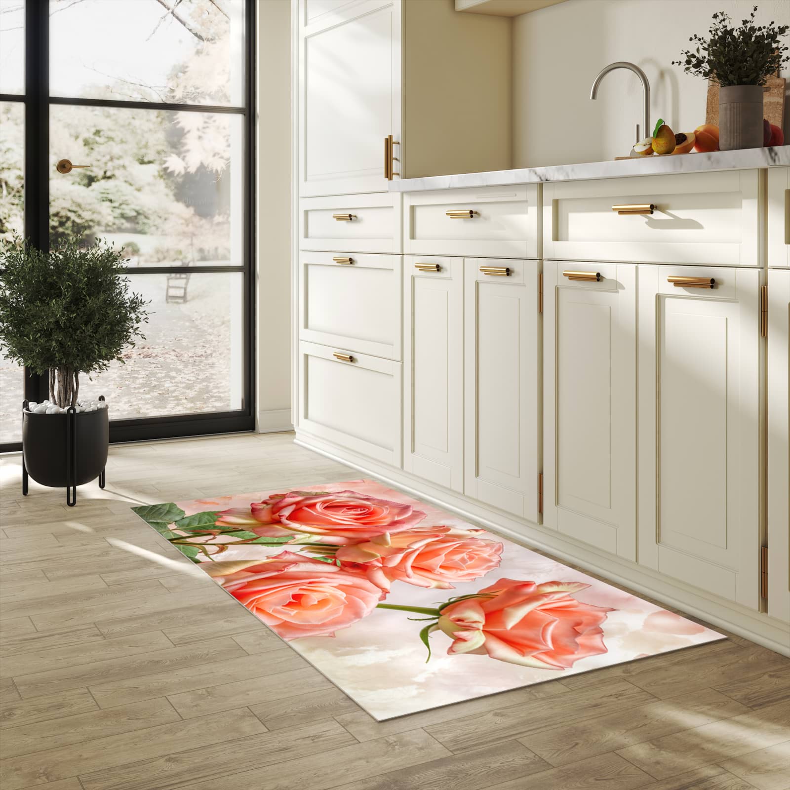Bodenschonender rutschfester Küchenteppich mit Motiv Rosen Bouquet in heller Küche
