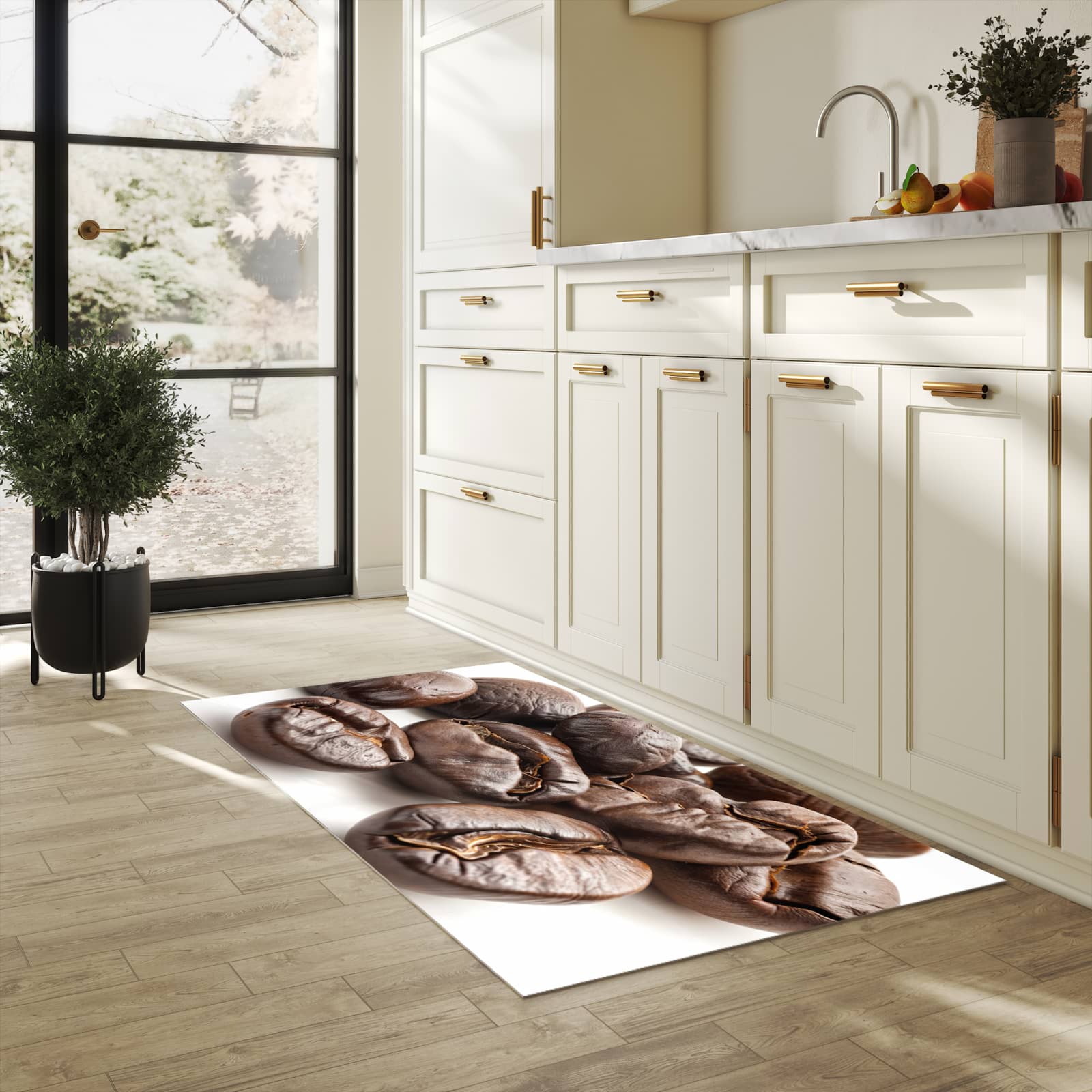 Pflegeleichter Läufer für Eingangsbereich mit Motiv Stille Kaffeebohnen in heller Küche