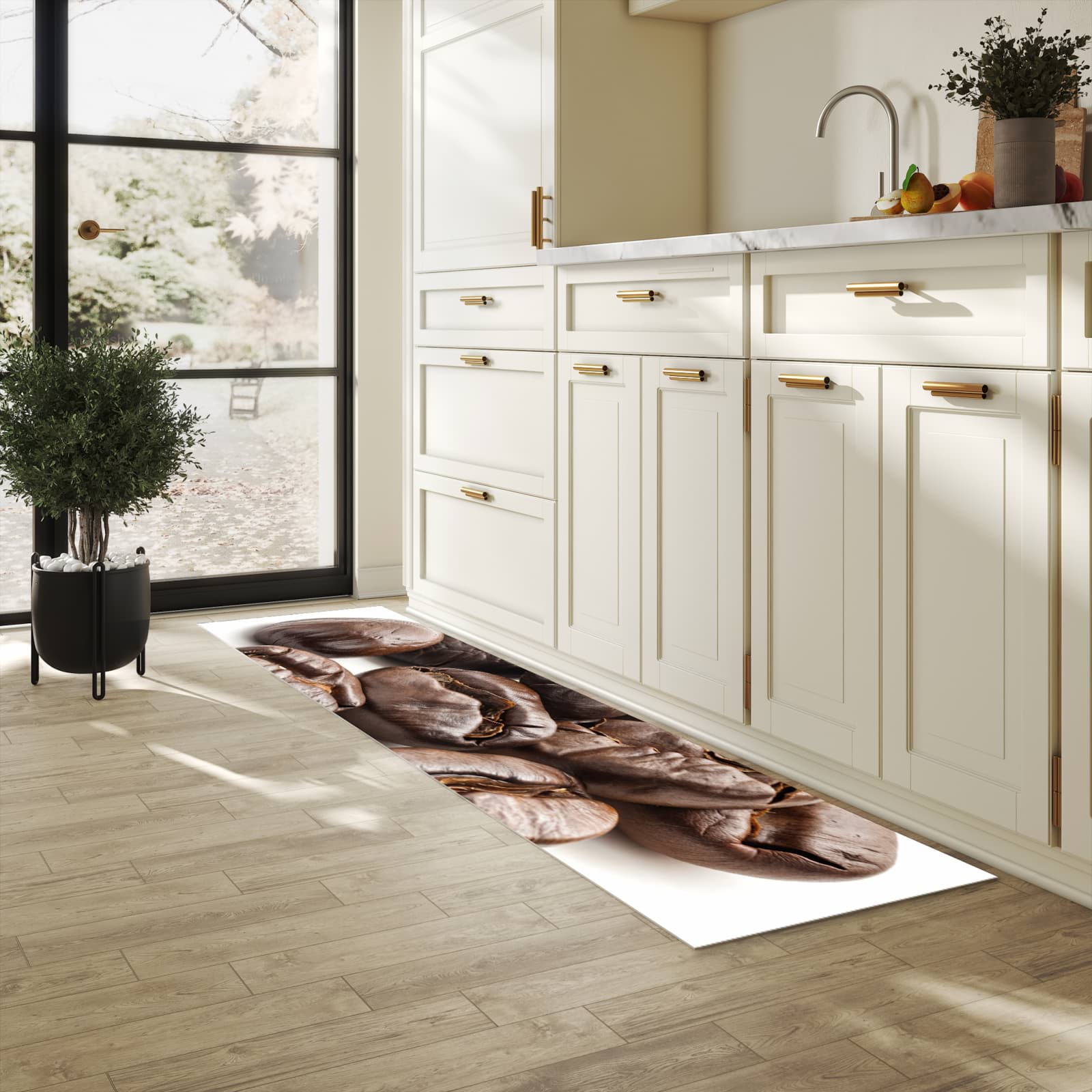 Waschbarer Küchenteppich mit Motiv Stille Kaffeebohnen für Trittkomfort in heller Küche