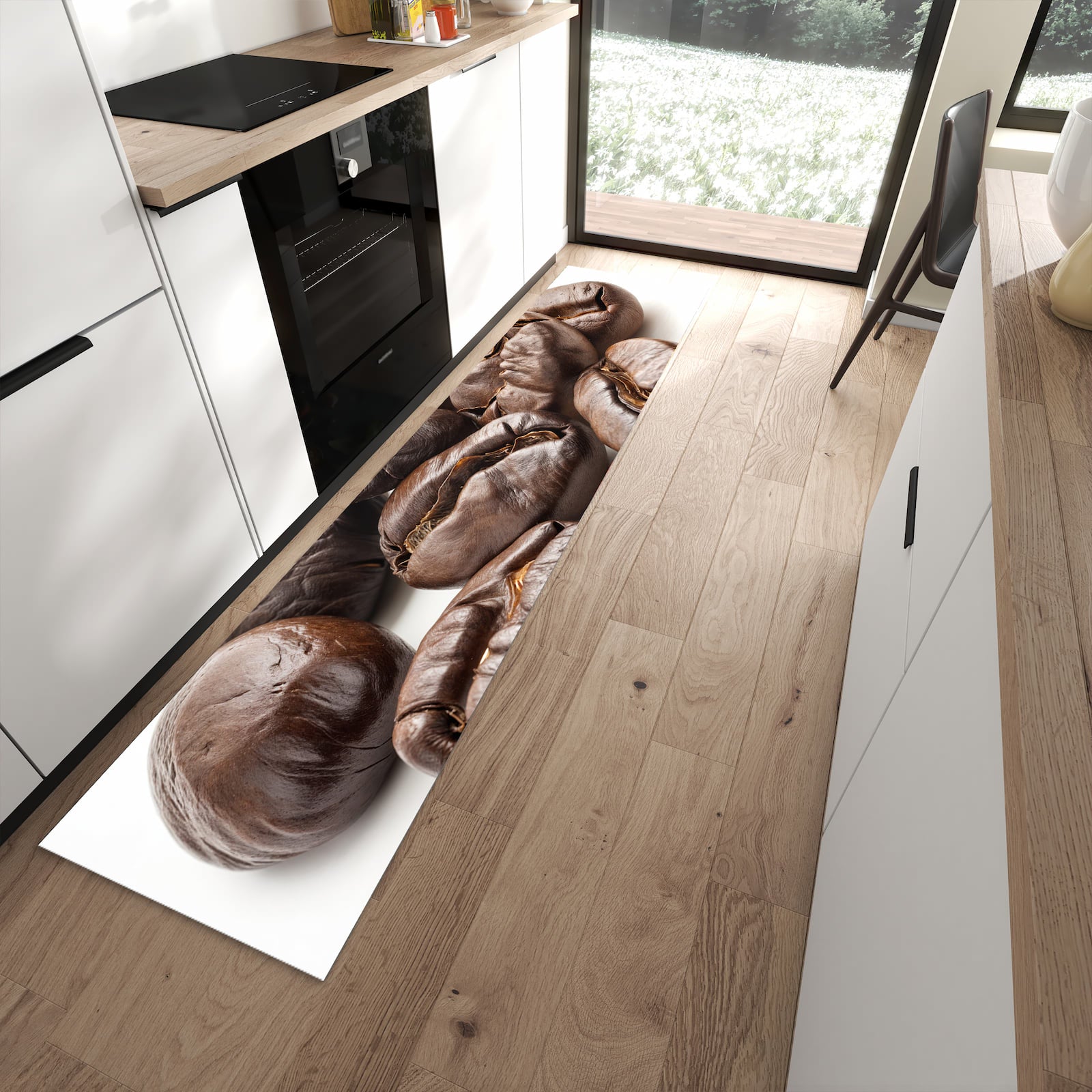 Waschbarer Küchenläufer mit Motiv Stille Kaffeebohnen in moderner Küche