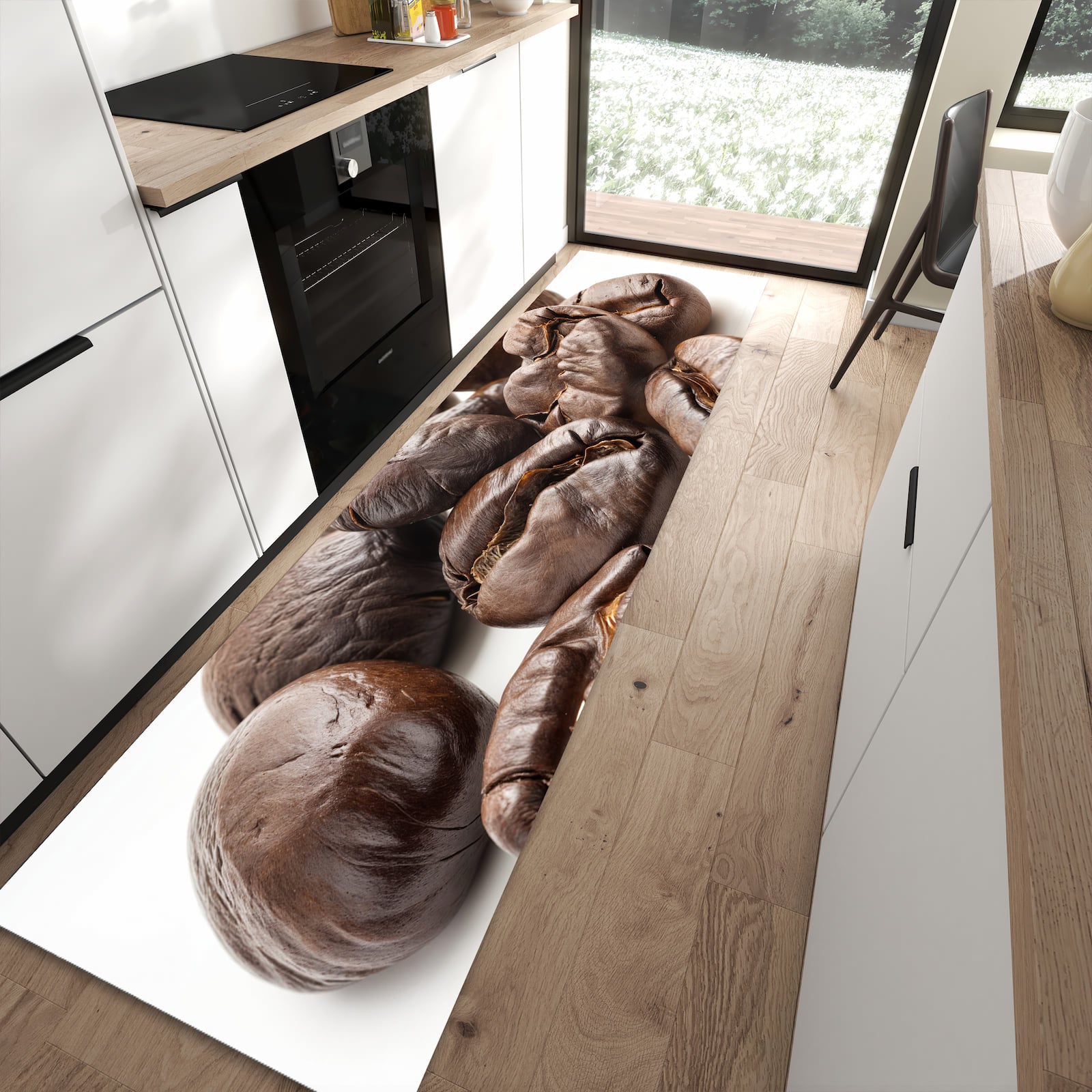 Bodenschonender Küchenläufer mit Motiv Stille Kaffeebohnen in moderner Küche