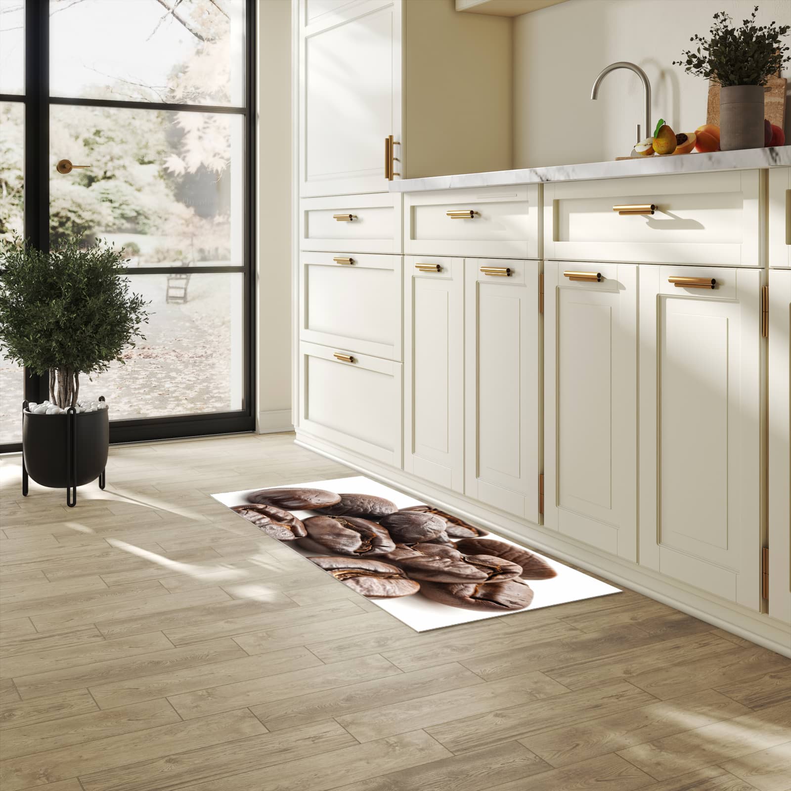 Geräuschdämpfender Küchenläufer mit Motiv Stille Kaffeebohnen in heller Küche