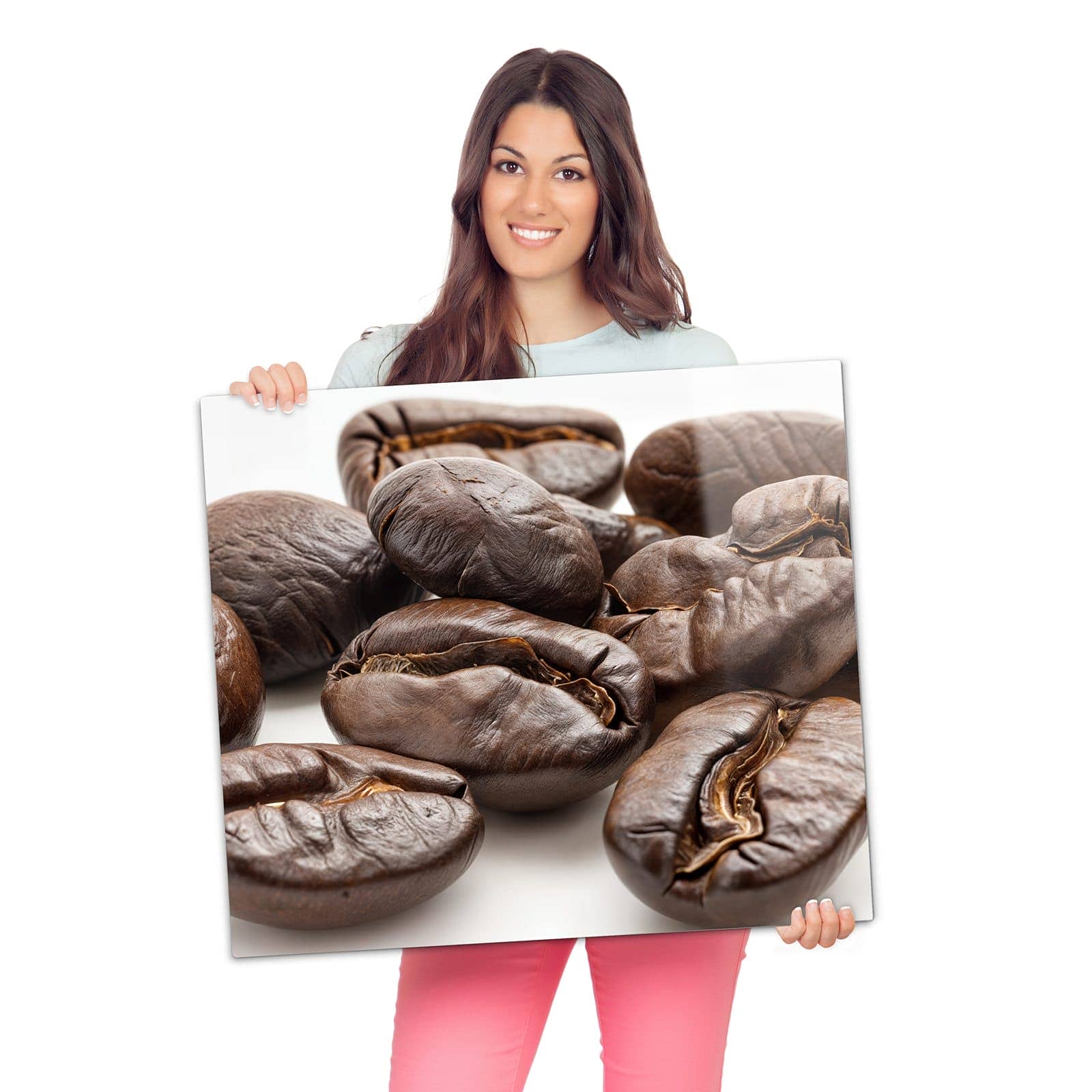 Abdeckplatte für Induktionsherd mit Stille Kaffeebohnen-Motiv wird zur Größendarstellung gehalten