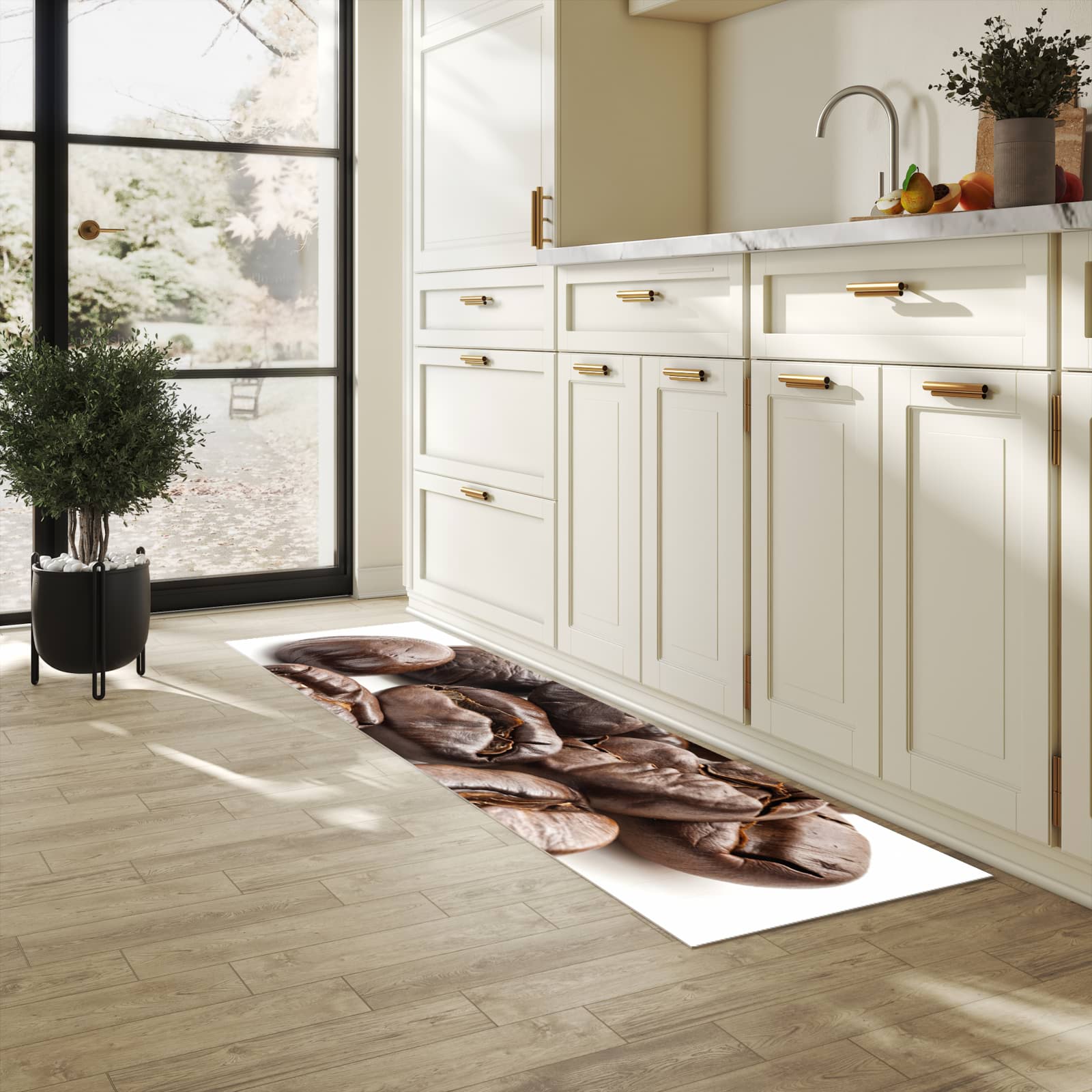 UV-beständiger Küchenvorleger mit Motiv Stille Kaffeebohnen in heller Küche