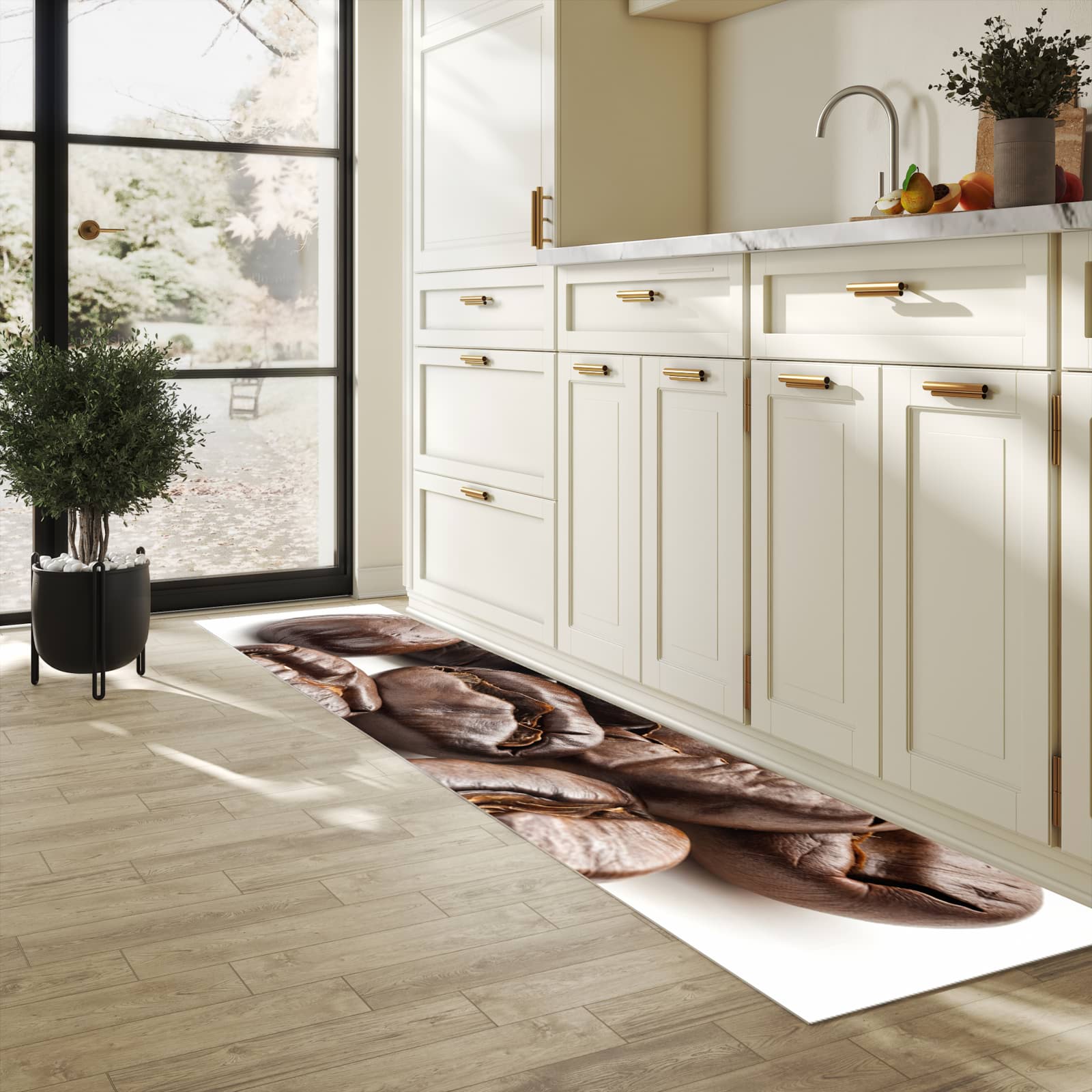 Wasserabweisender Küchenläufer mit Motiv Stille Kaffeebohnen in heller Küche