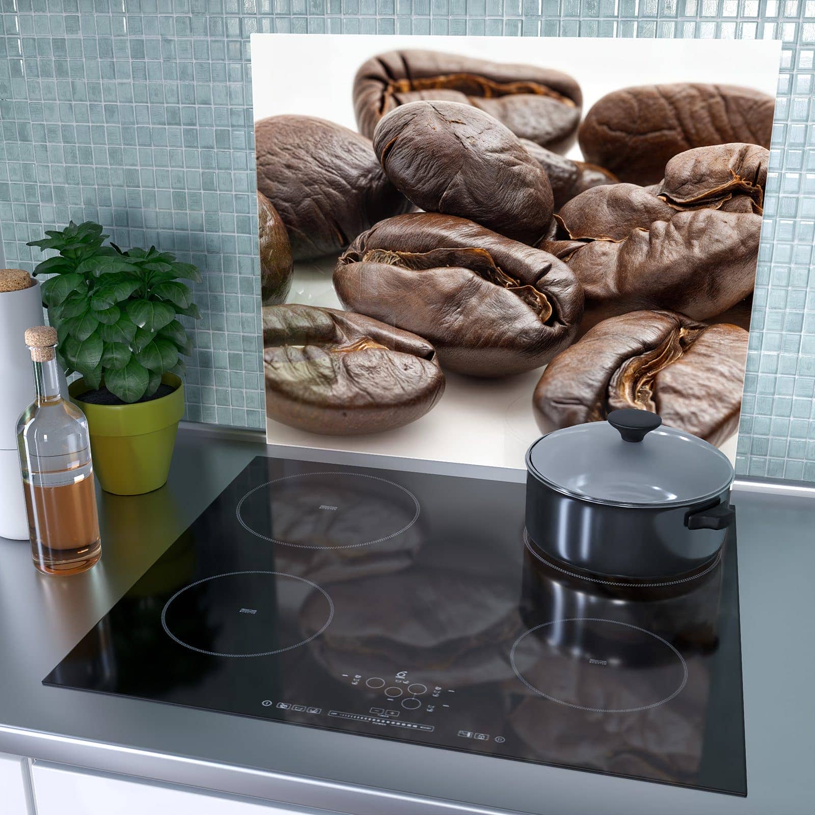 1-teilige Herdabdeckplatte mit Stille Kaffeebohnen-Motiv als Spritzschutz hinter dem Kochfeld