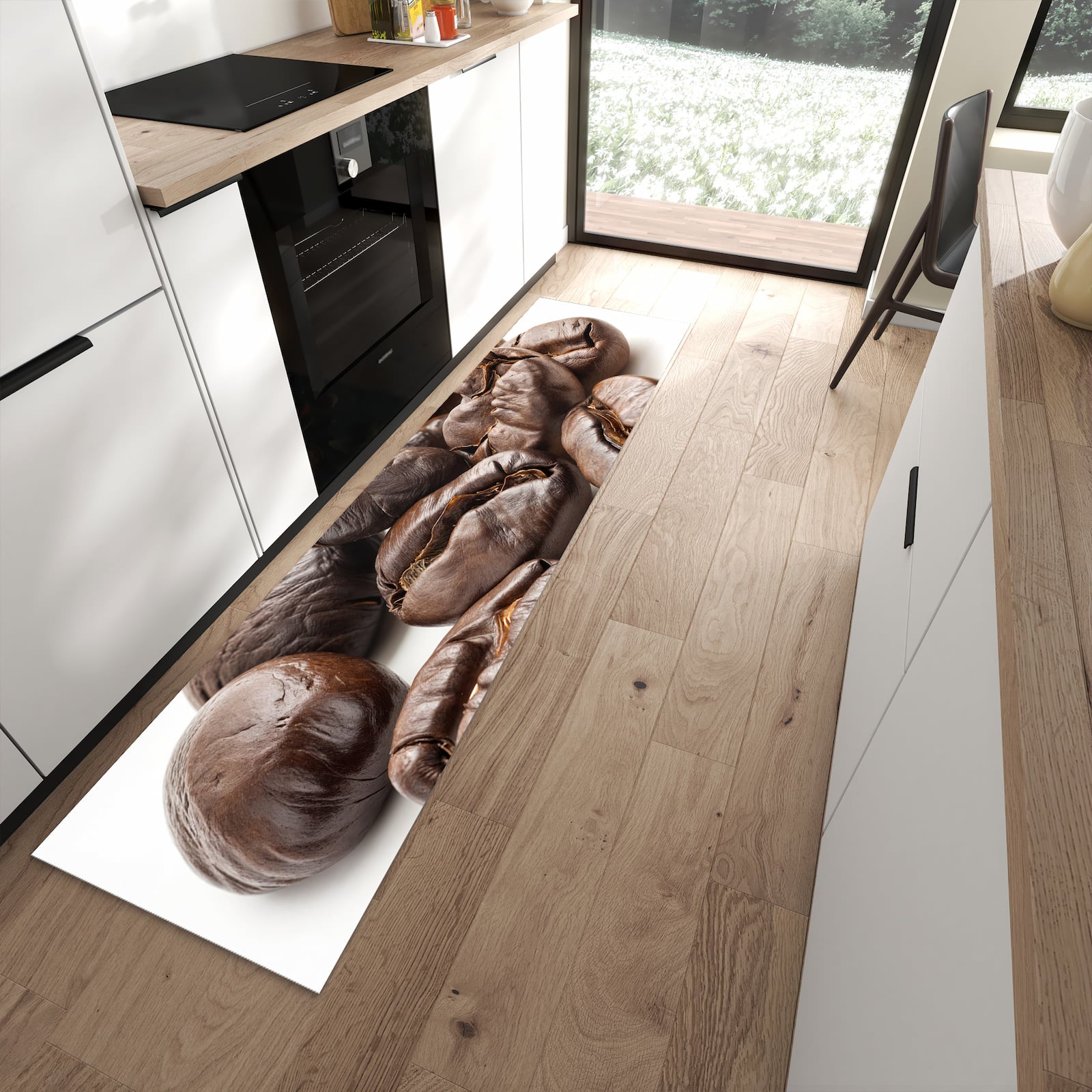 Strapazierfähiger Läufer für die Küche mit Motiv Stille Kaffeebohnen in moderner Küche