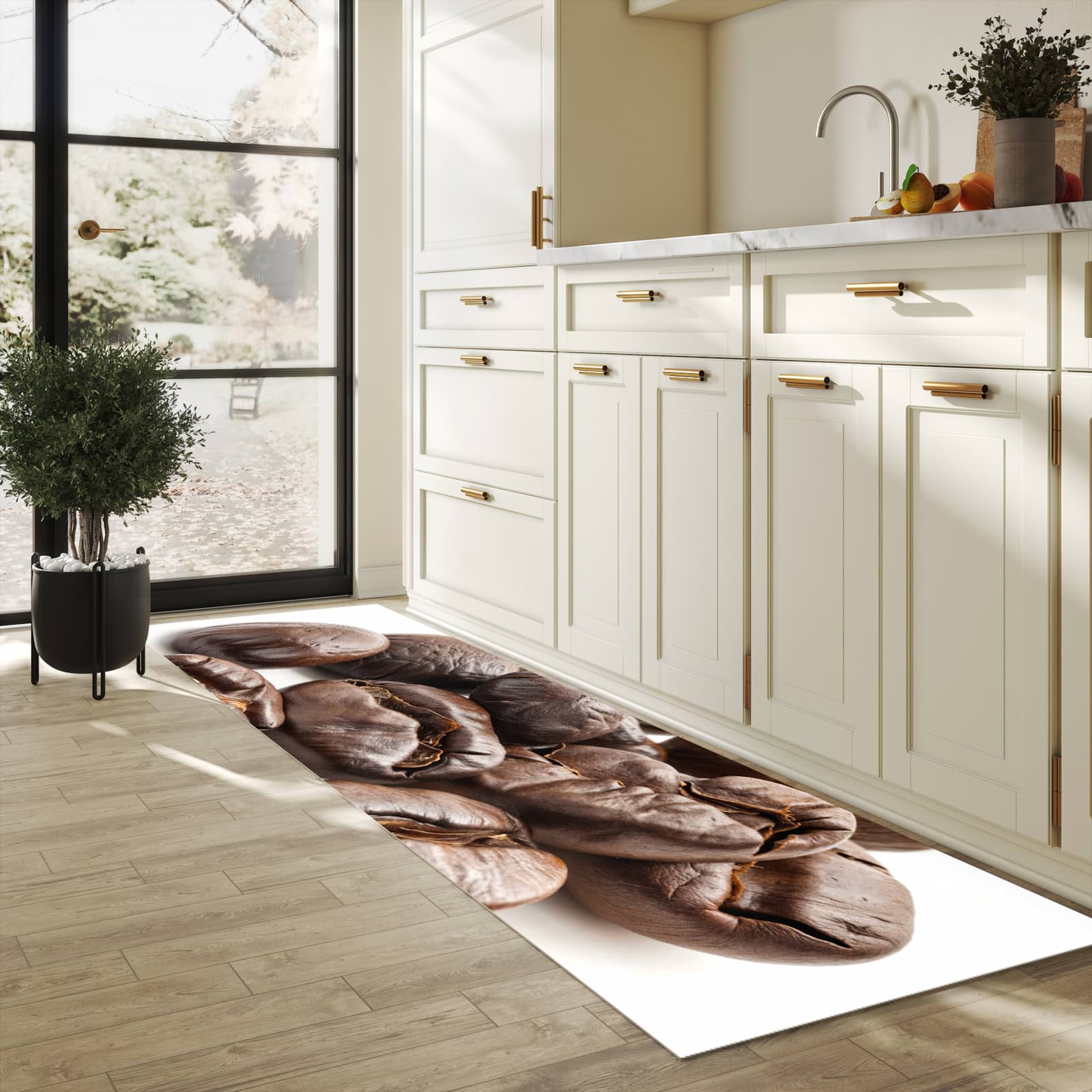 Flacher Küchenläufer mit Motiv Stille Kaffeebohnen in heller Küche für lange Teppiche