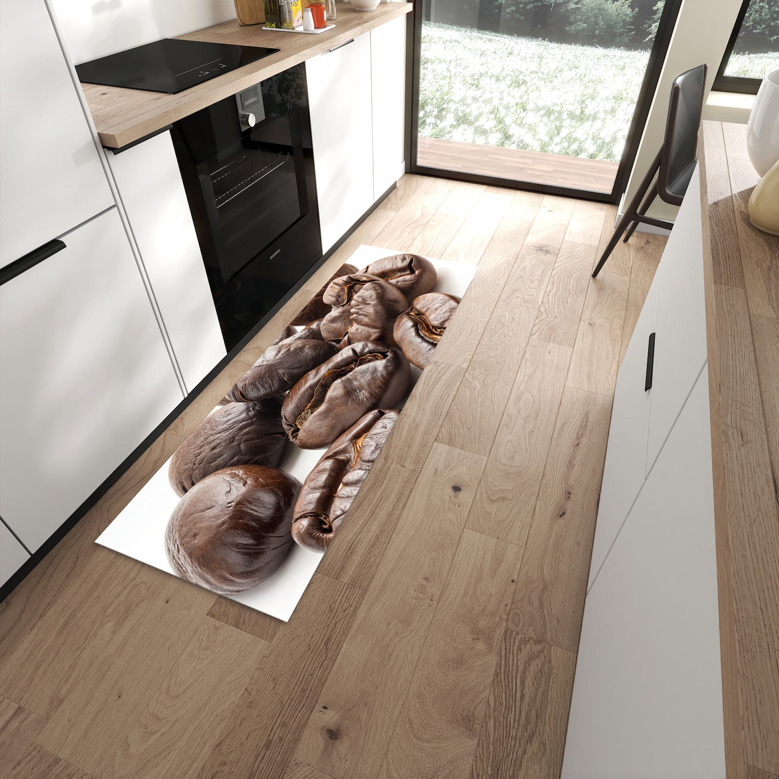 Hygienischer Küchenteppich mit Motiv Stille Kaffeebohnen in moderner Küche