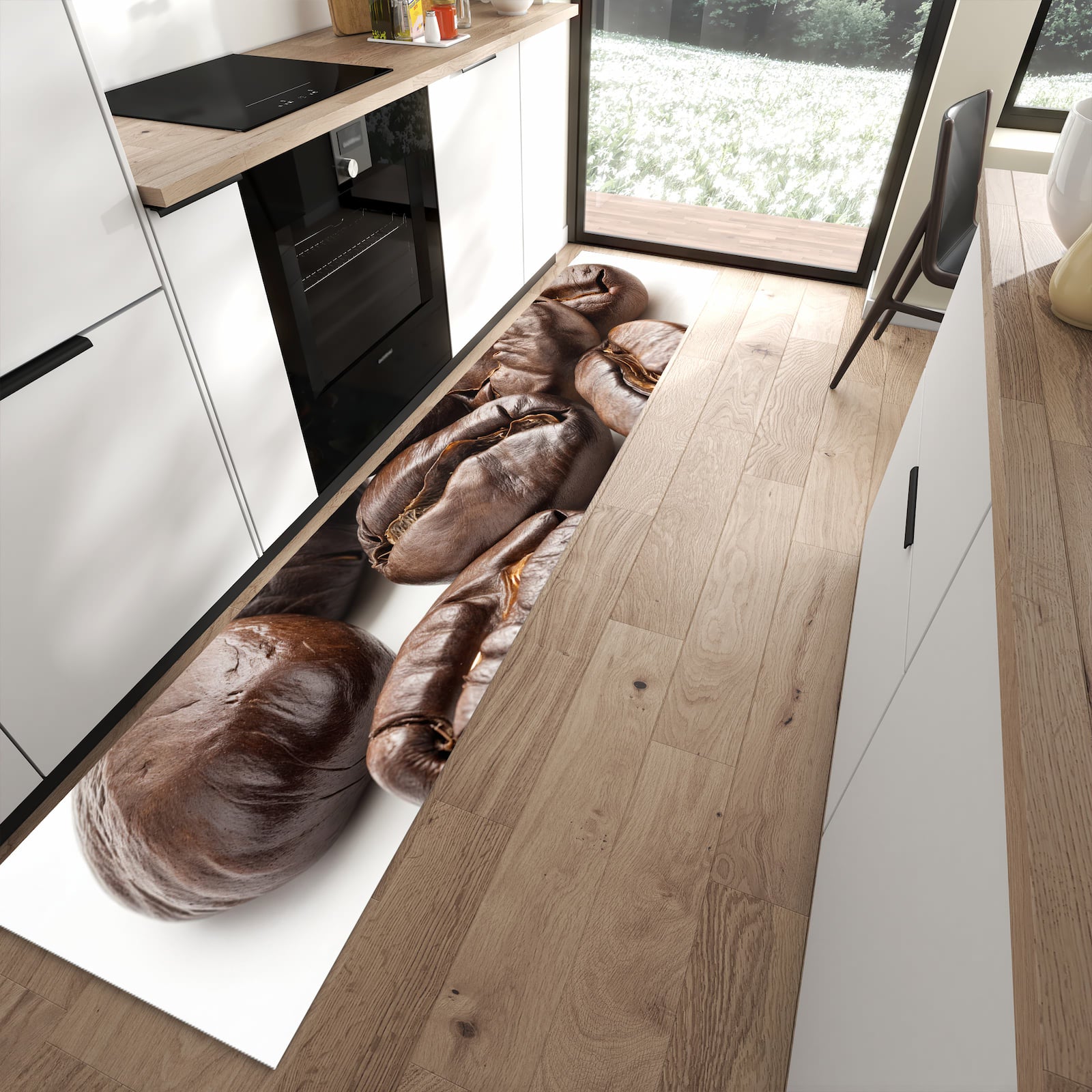 Langlebiger Küchenläufer mit Motiv Stille Kaffeebohnen in moderner Küche