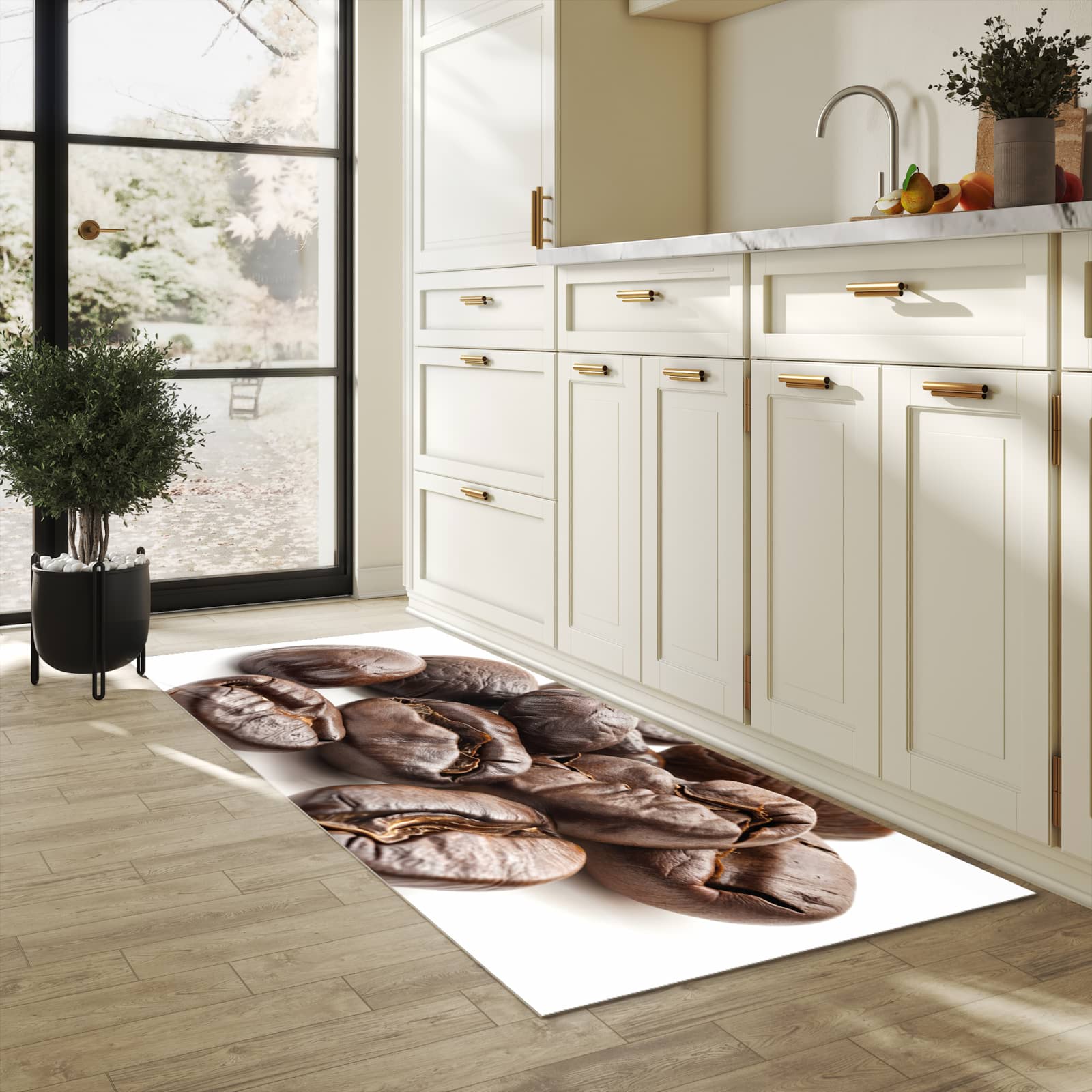 Komfortabler Läufer mit Motiv Stille Kaffeebohnen in heller Küche für rutschfesten Stand