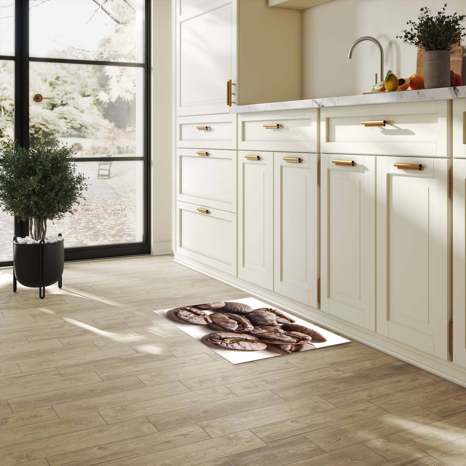 Fleckenresistenter Küchenläufer mit Motiv Stille Kaffeebohnen in heller Küche