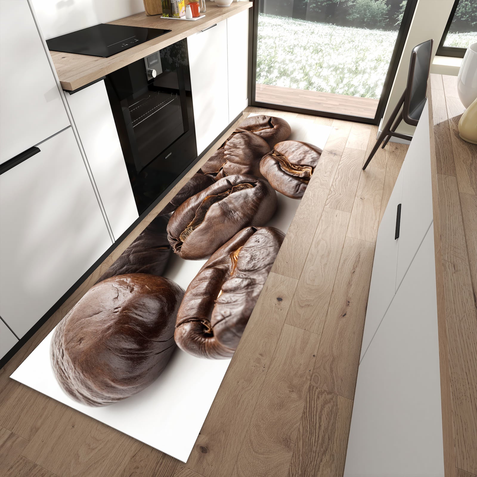 Ordnungsschaffender Küchenläufer mit Motiv Stille Kaffeebohnen in moderner Küche