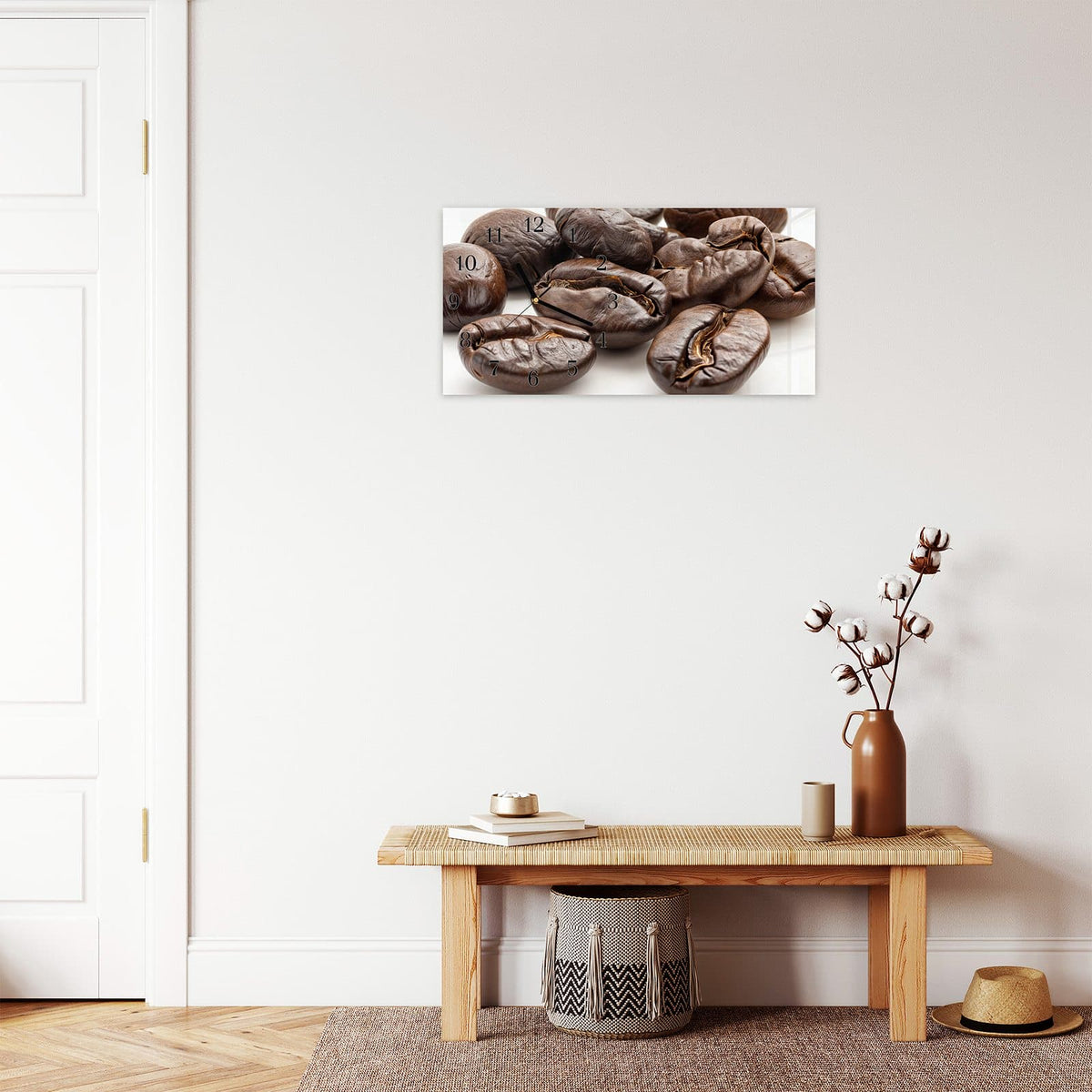 Moderne Wanduhr aus Glas mit Farbtiefe – Wanduhr Stille Kaffeebohnen aus Glas – Querformat 60 × 30 cm
