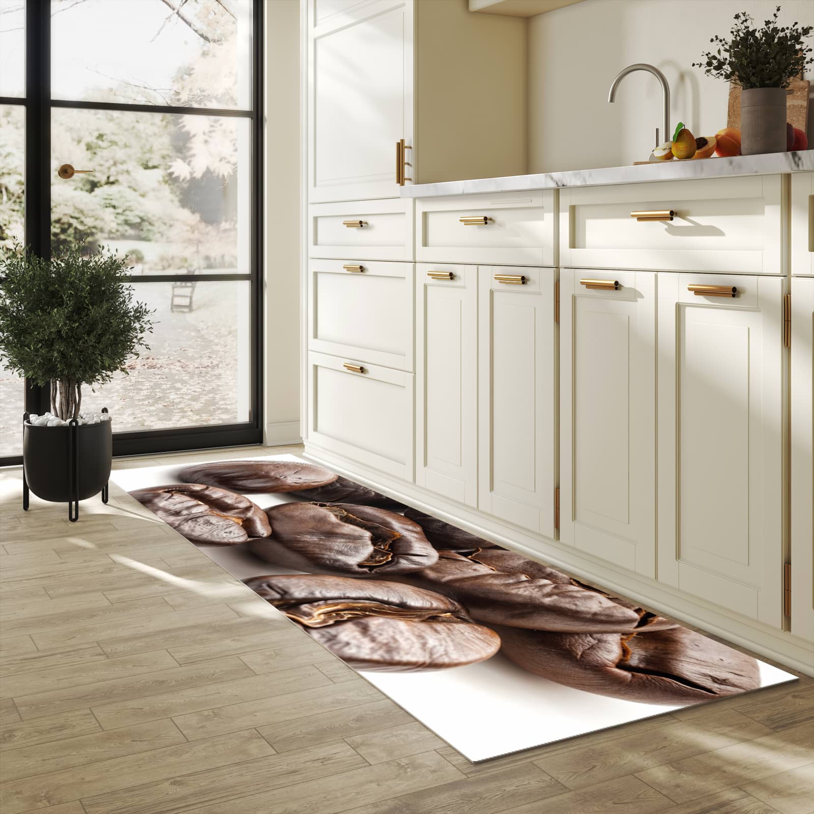 Langlebiger waschbarer Küchenläufer mit Motiv Stille Kaffeebohnen in heller Küche