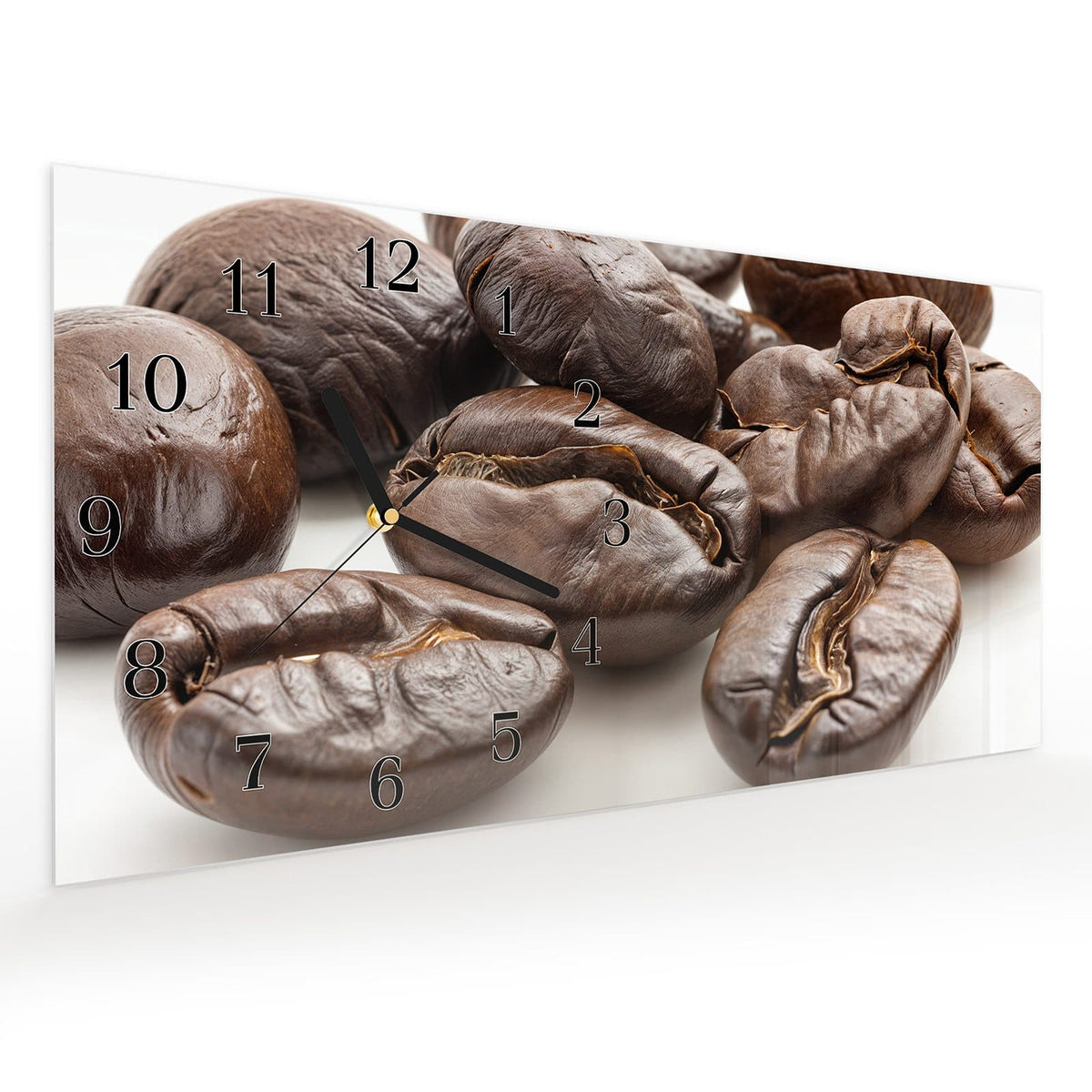 Vormontiert – mit Schwebeeffekt – Wanduhr Stille Kaffeebohnen aus Glas – Querformat 60 × 30 cm