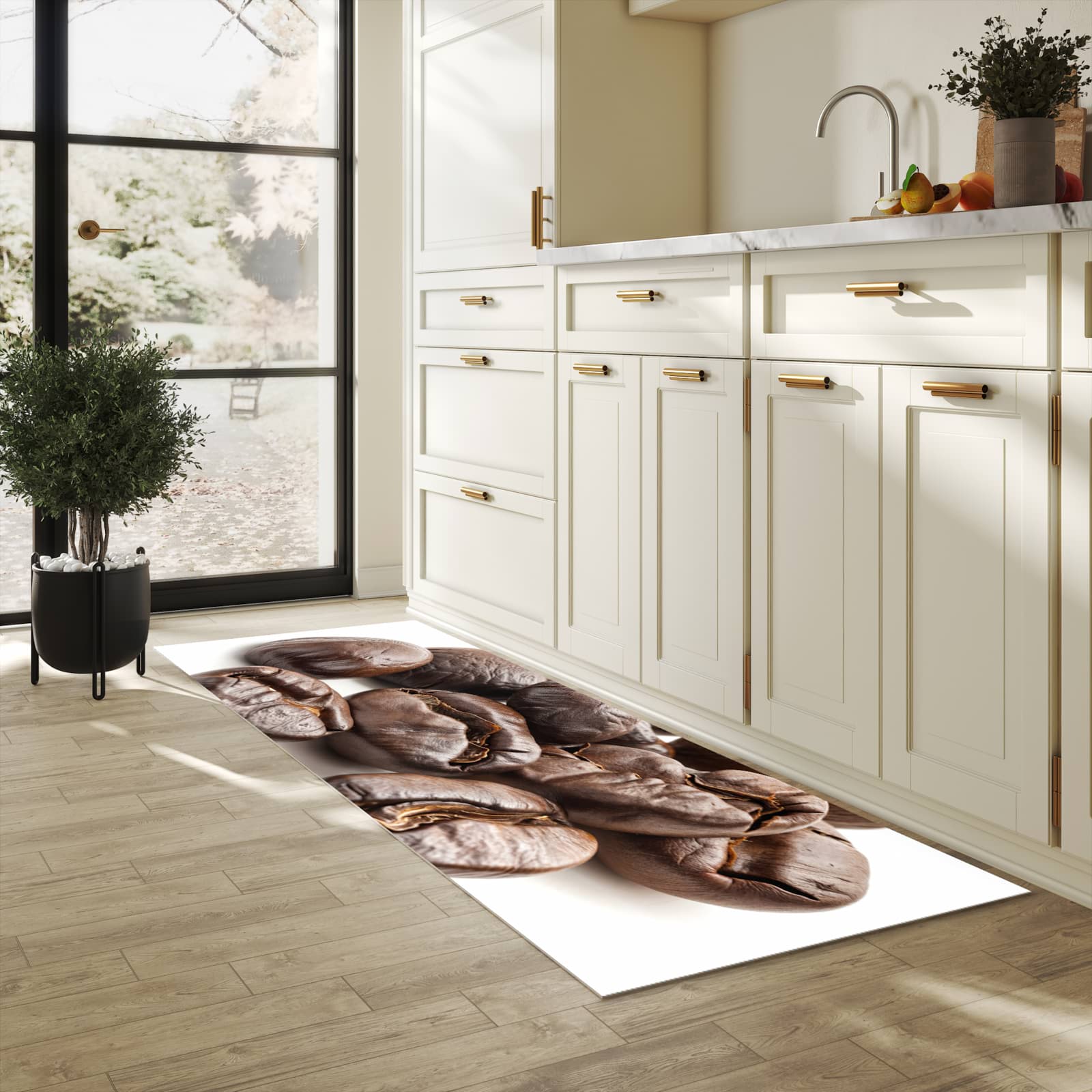 Geruchsneutraler waschbarer Läufer für die Küche mit Motiv Stille Kaffeebohnen in heller Küche