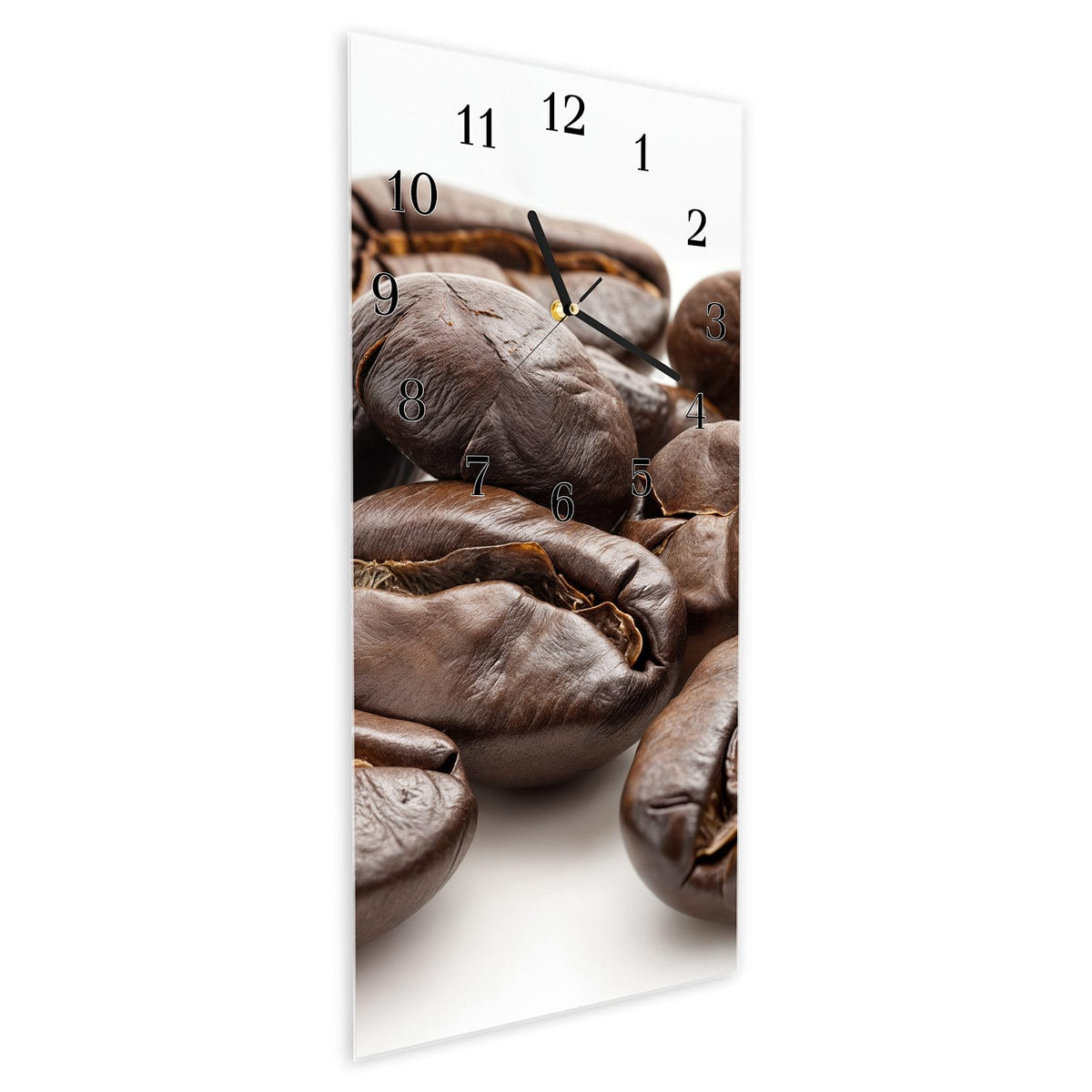 Vormontiert – mit Schwebeeffekt – Wanduhr Stille Kaffeebohnen aus Glas – Hochformat 30 × 60 cm