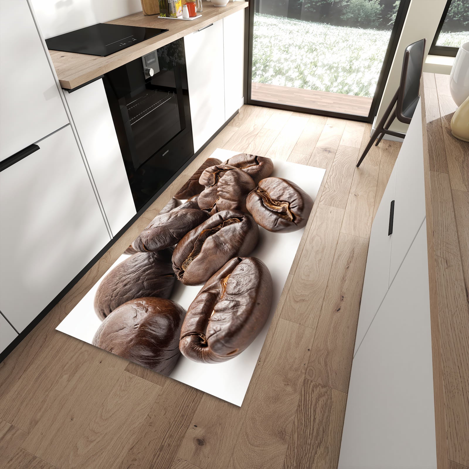 Farbbeständiger Teppichläufer mit Motiv Stille Kaffeebohnen in moderner Küche