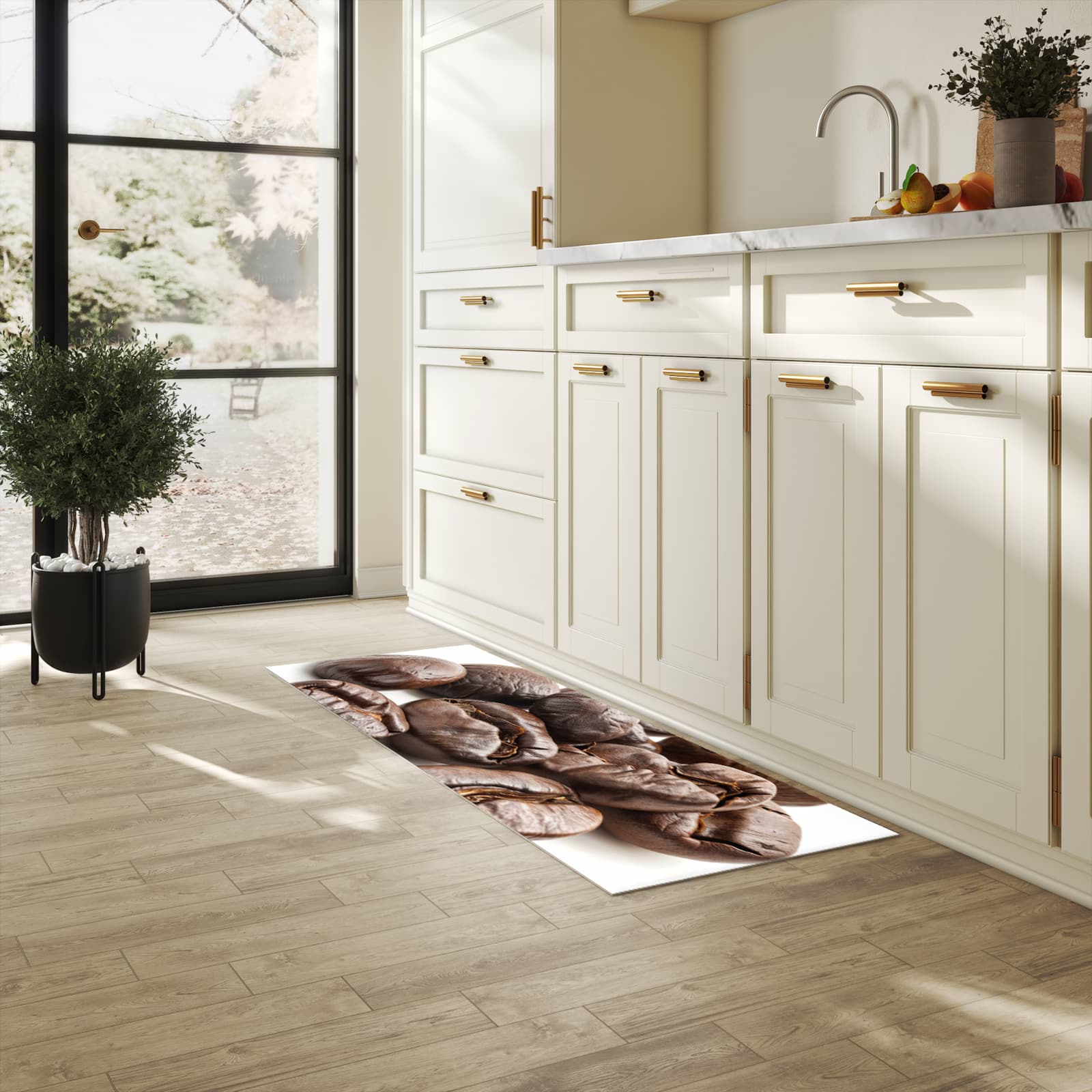 Abriebfester Küchenläufer mit Motiv Stille Kaffeebohnen in heller Küche