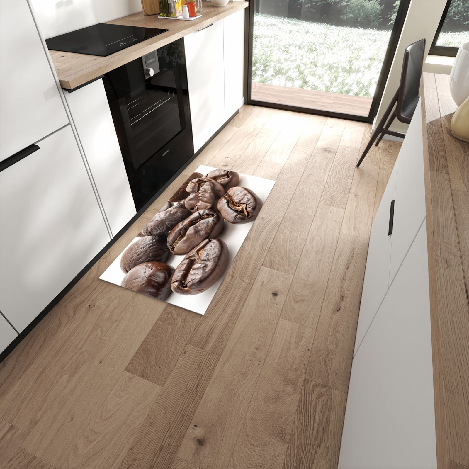 Pflegeleichter Küchenteppich mit Motiv Stille Kaffeebohnen in moderner Küche #grösse_60 x 120 cm