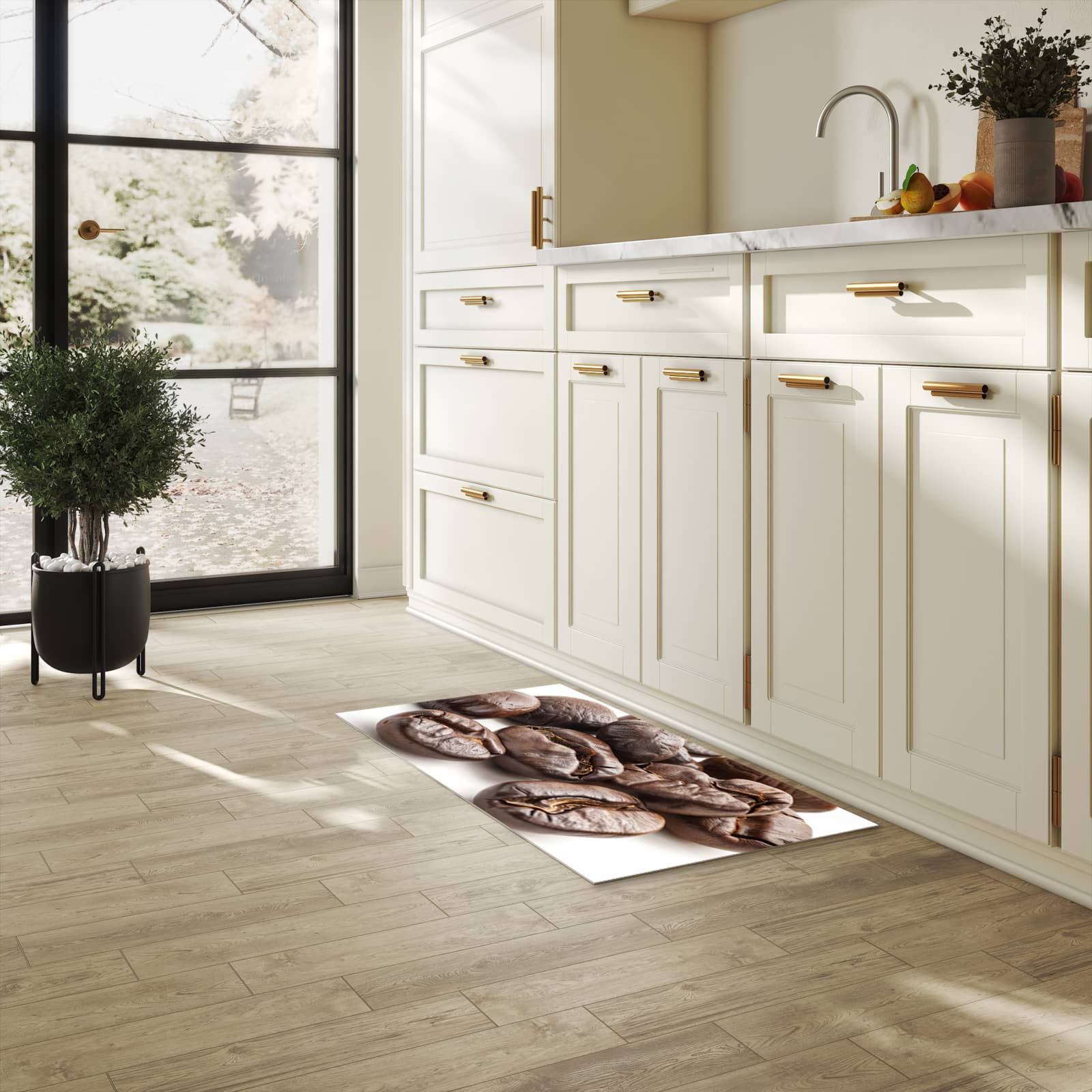 Zeitsparender Läufer Küche mit Motiv Stille Kaffeebohnen in heller Küche