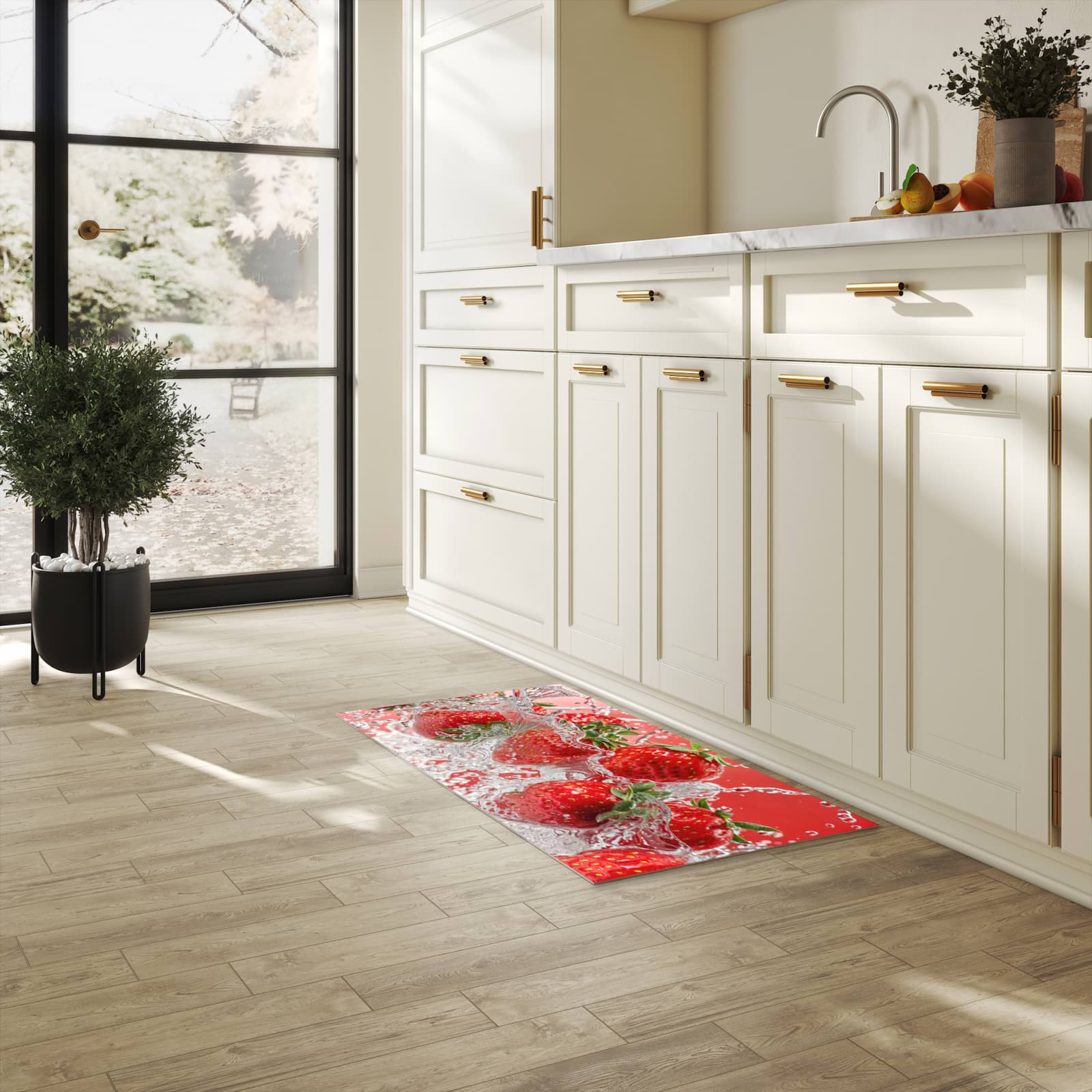 Waschbarer Küchenläufer mit Motiv Erdbeerspritzer in heller Küche für angenehme Haptik